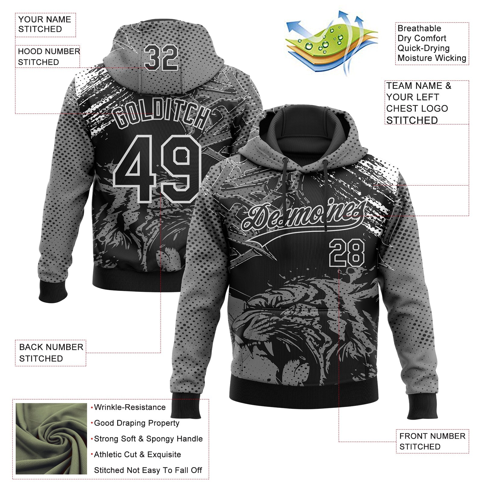 Custom Stitched Gray Black-White 3D Pattern Design Animal Tiger Sports Pullover Sweatshirt Hoodie view 2
