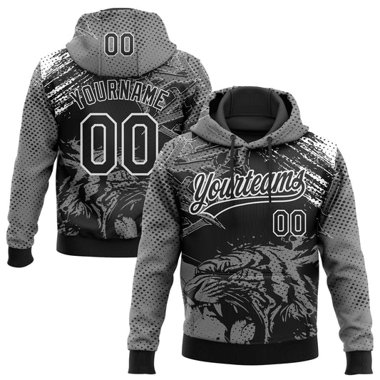 Custom Stitched Gray Black-White 3D Pattern Design Animal Tiger Sports Pullover Sweatshirt Hoodie - Main View