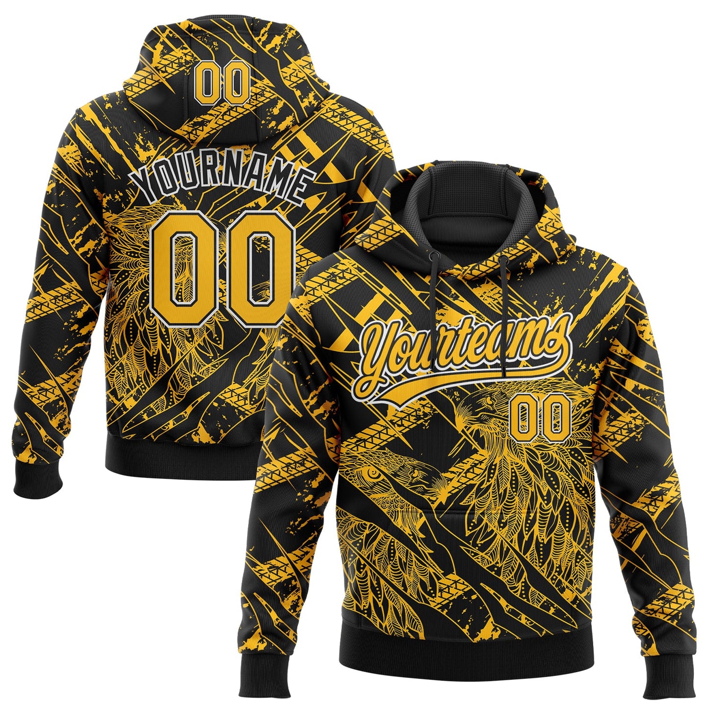 Custom Stitched Black Gold-White 3D Pattern Design Animal Eagle Sports Pullover Sweatshirt Hoodie - Main View