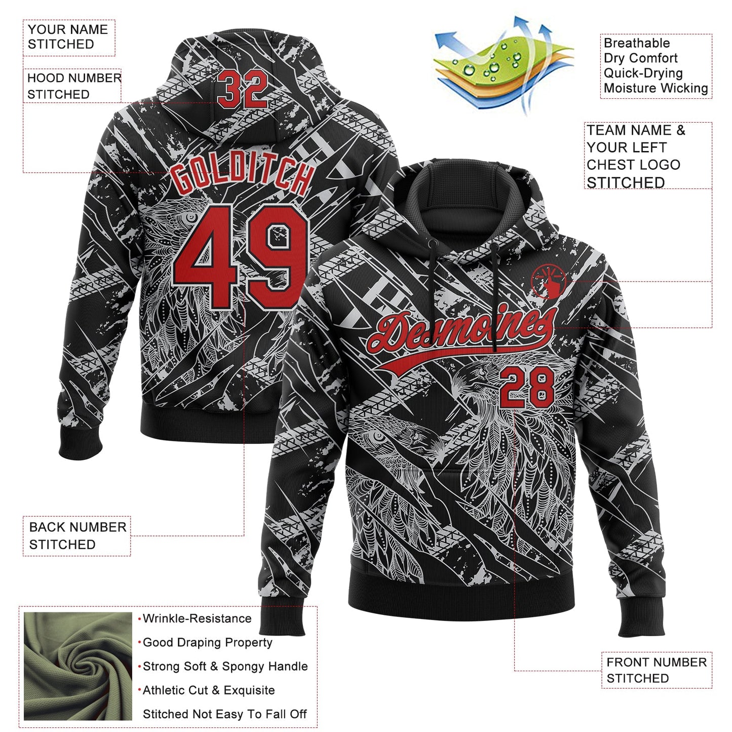 Custom Stitched Black Red Gray-White 3D Pattern Design Animal Eagle Sports Pullover Sweatshirt Hoodie view 2
