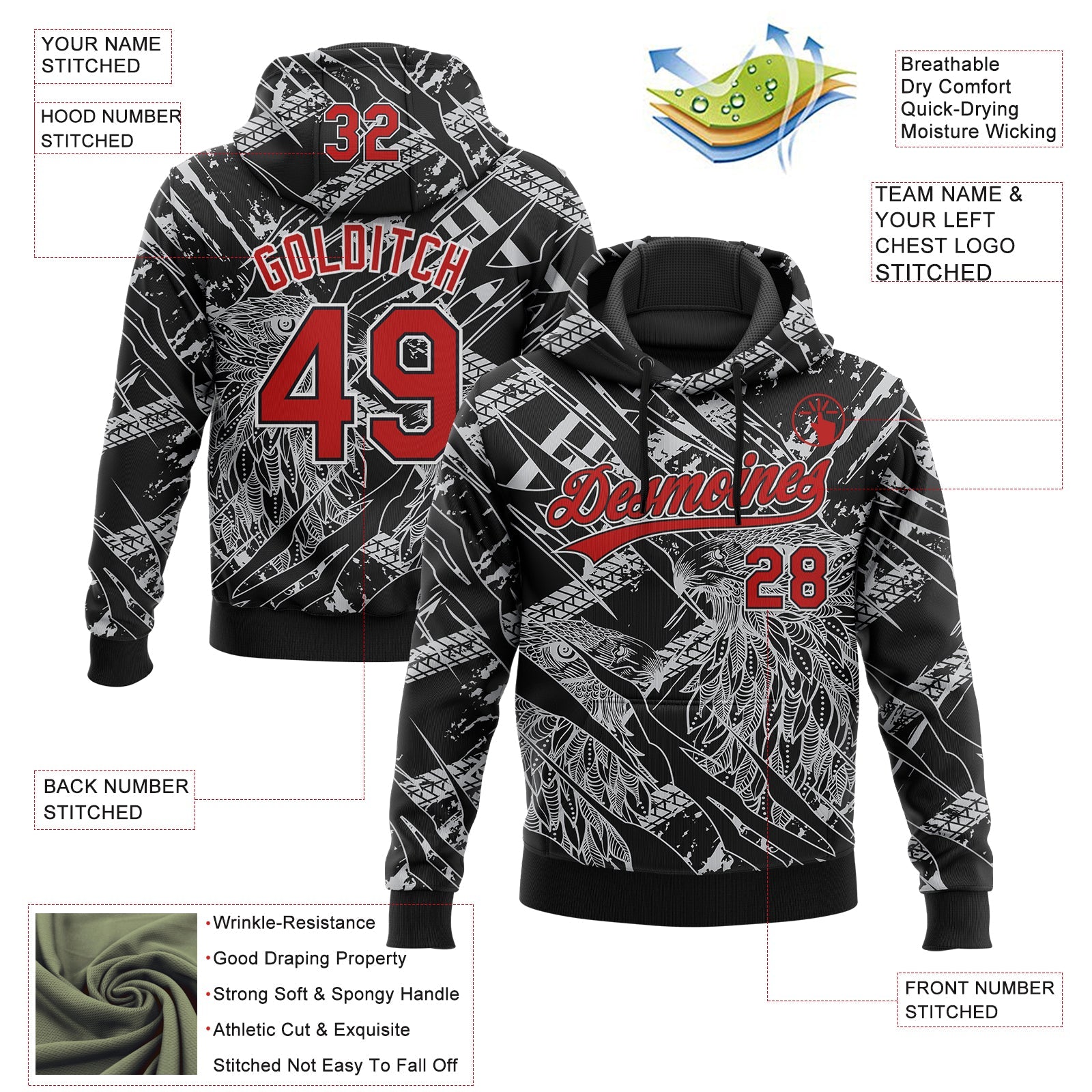 Custom Stitched Black Red Gray-White 3D Pattern Design Animal Eagle Sports Pullover Sweatshirt Hoodie view 2