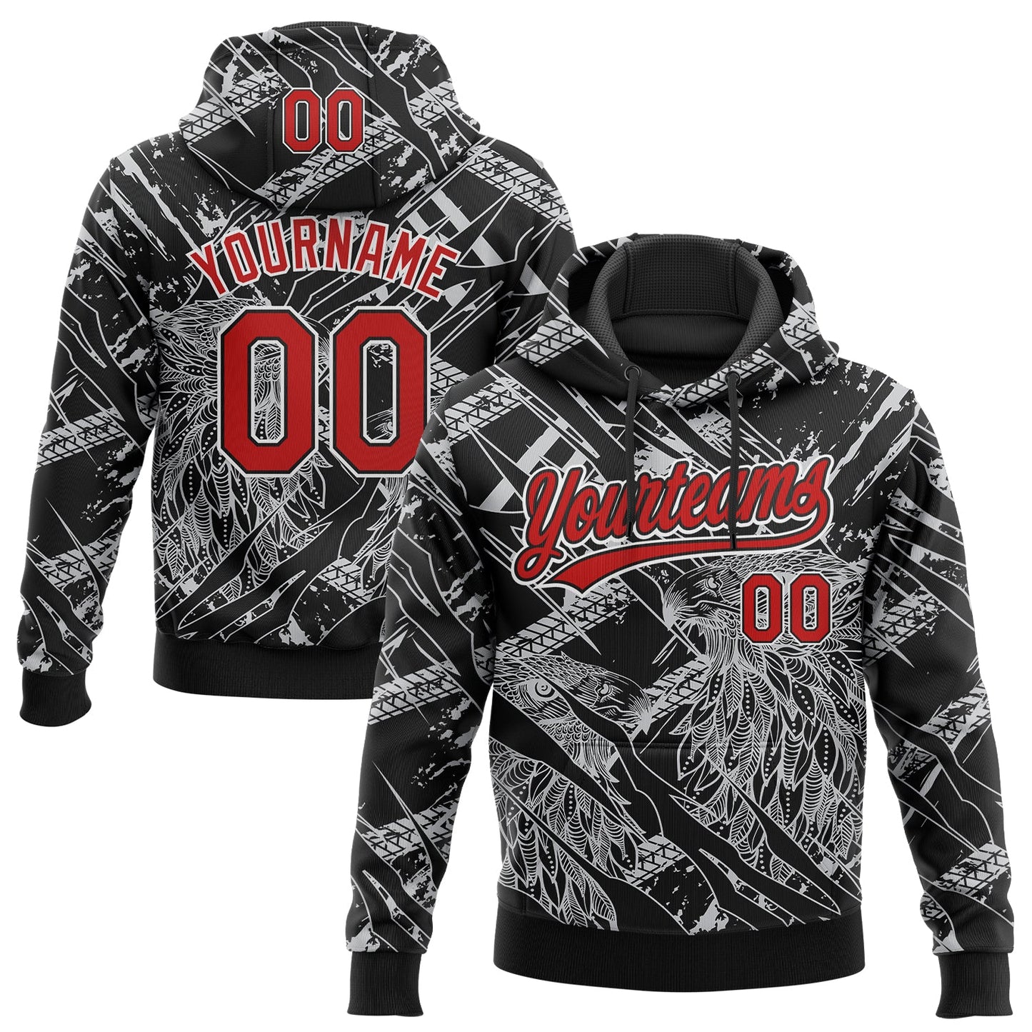 Custom Stitched Black Red Gray-White 3D Pattern Design Animal Eagle Sports Pullover Sweatshirt Hoodie - Main View