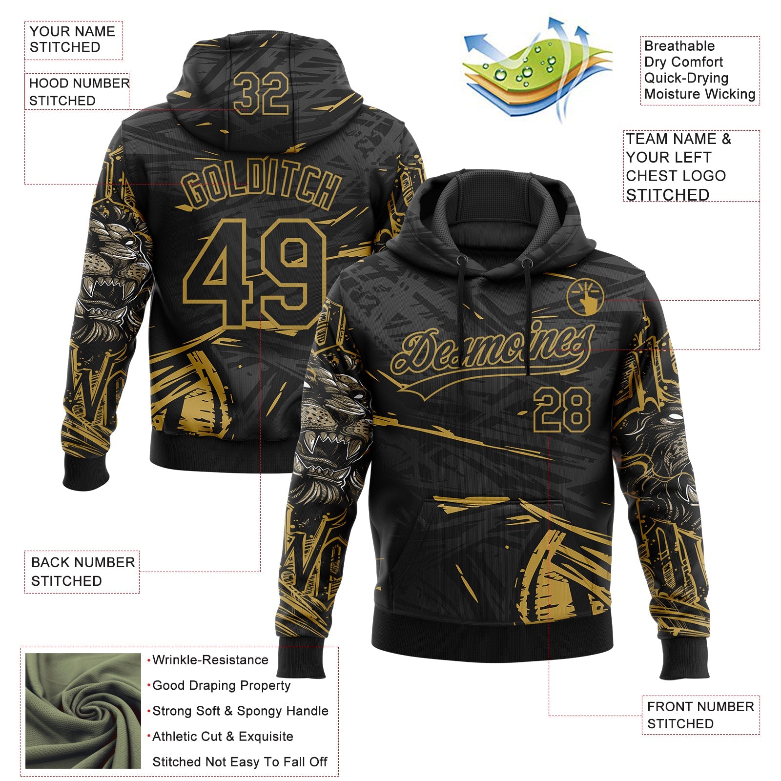 Custom Stitched Black Gray-Old Gold 3D Pattern Design Animal Lion Sports Pullover Sweatshirt Hoodie view 2
