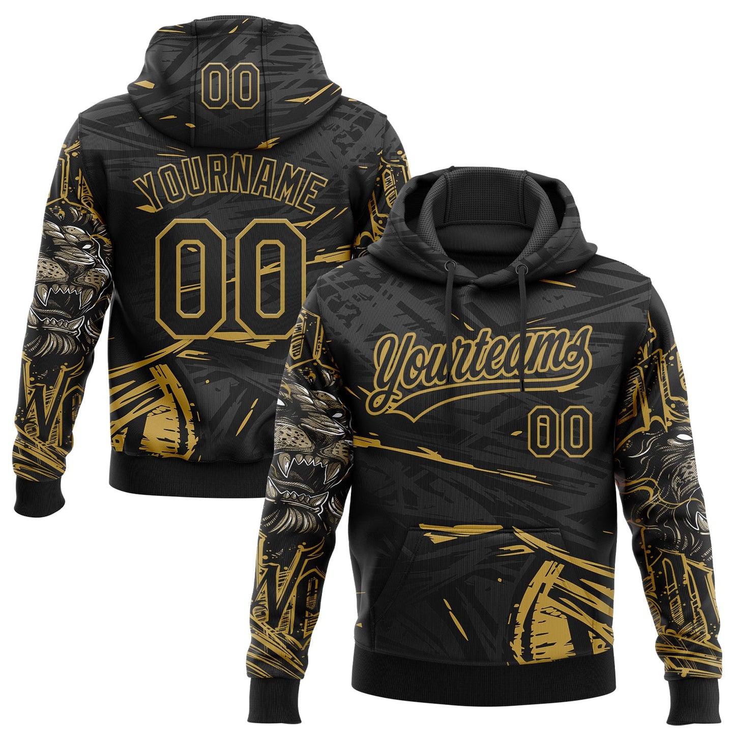 Custom Stitched Black Gray-Old Gold 3D Pattern Design Animal Lion Sports Pullover Sweatshirt Hoodie - Main View