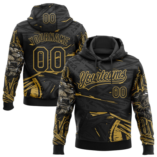 Custom Stitched Black Gray-Old Gold 3D Pattern Design Animal Lion Sports Pullover Sweatshirt Hoodie - Main View