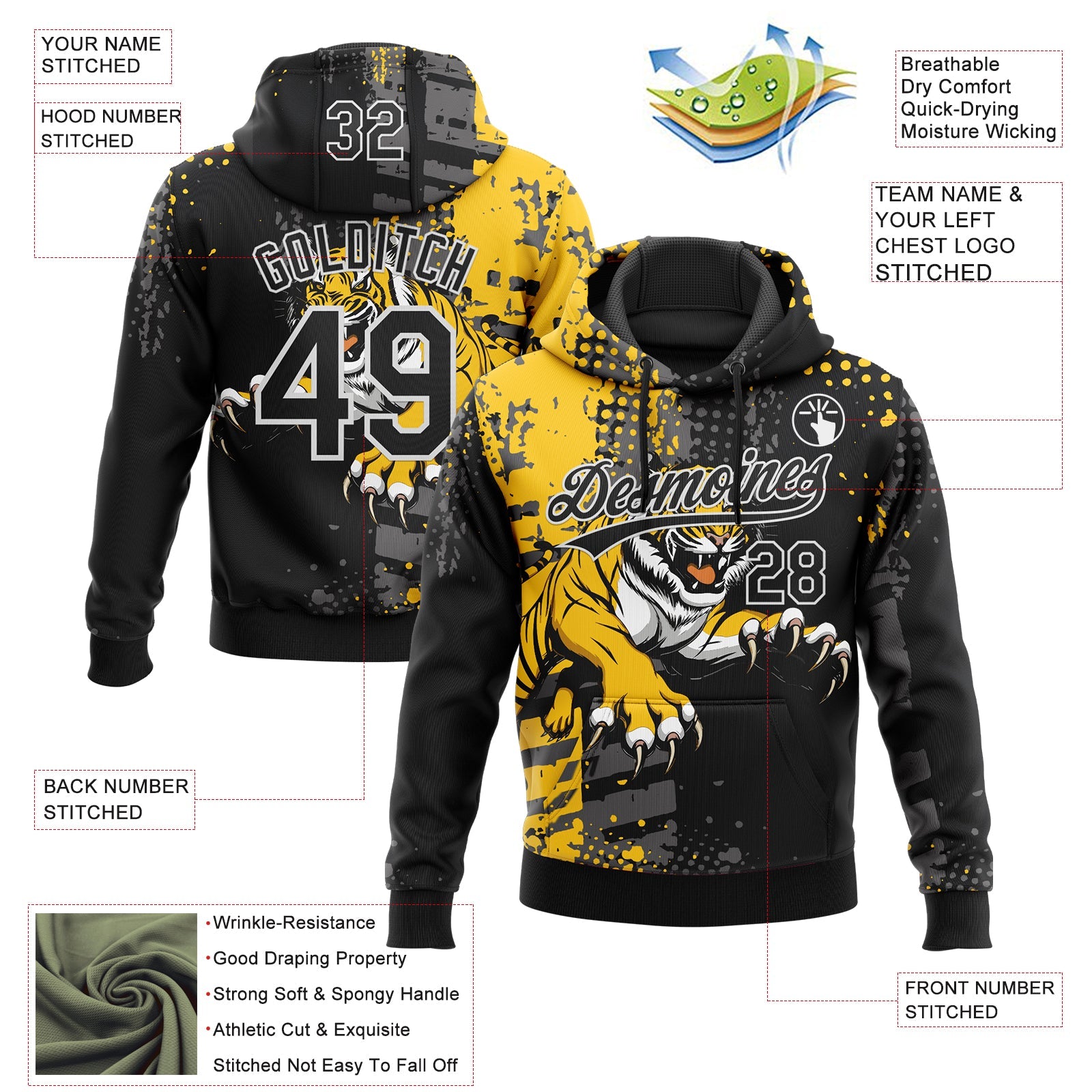 Custom Stitched Black Yellow Gray-White 3D Pattern Design Animal Tiger Sports Pullover Sweatshirt Hoodie view 2