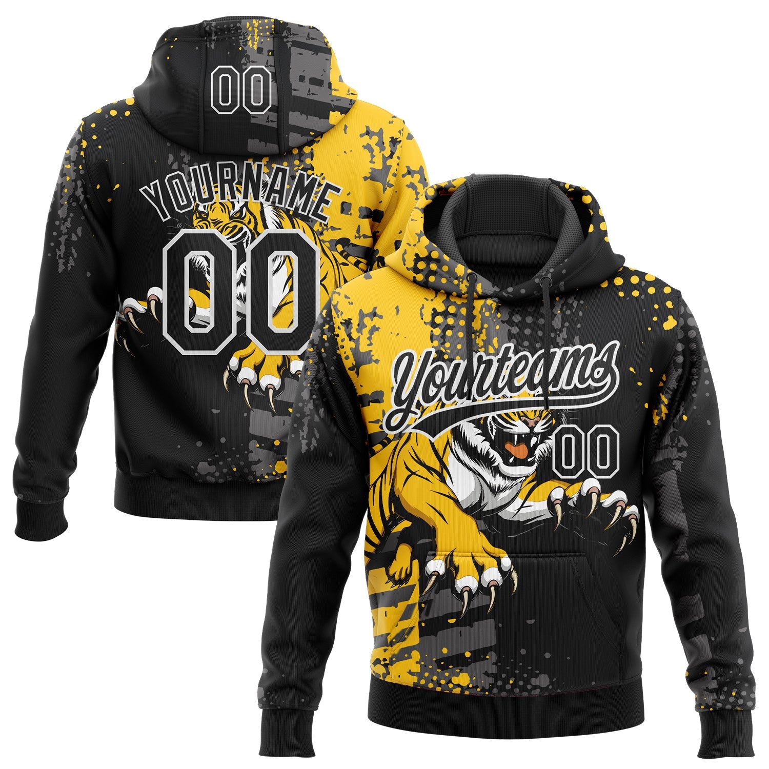 Custom Stitched Black Yellow Gray-White 3D Pattern Design Animal Tiger Sports Pullover Sweatshirt Hoodie - Main View