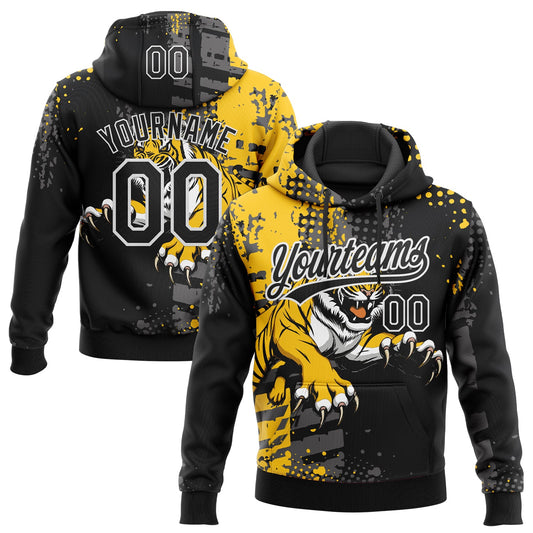 Custom Stitched Black Yellow Gray-White 3D Pattern Design Animal Tiger Sports Pullover Sweatshirt Hoodie - Main View