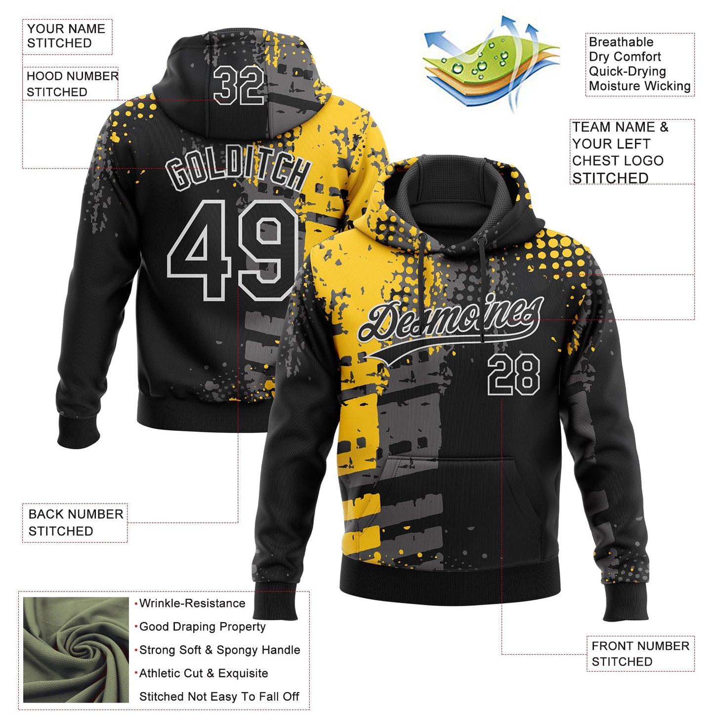 Custom Stitched Black Yellow Gray-White 3D Pattern Design Splash Sports Pullover Sweatshirt Hoodie view 2