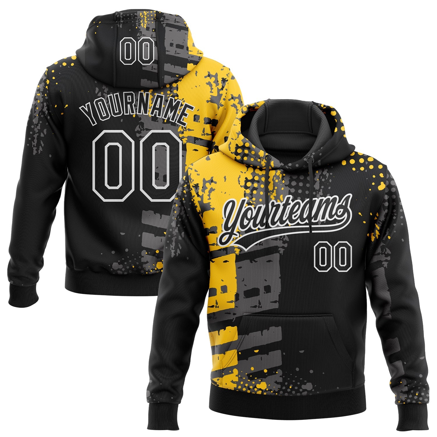 Custom Stitched Black Yellow Gray-White 3D Pattern Design Splash Sports Pullover Sweatshirt Hoodie - Main View