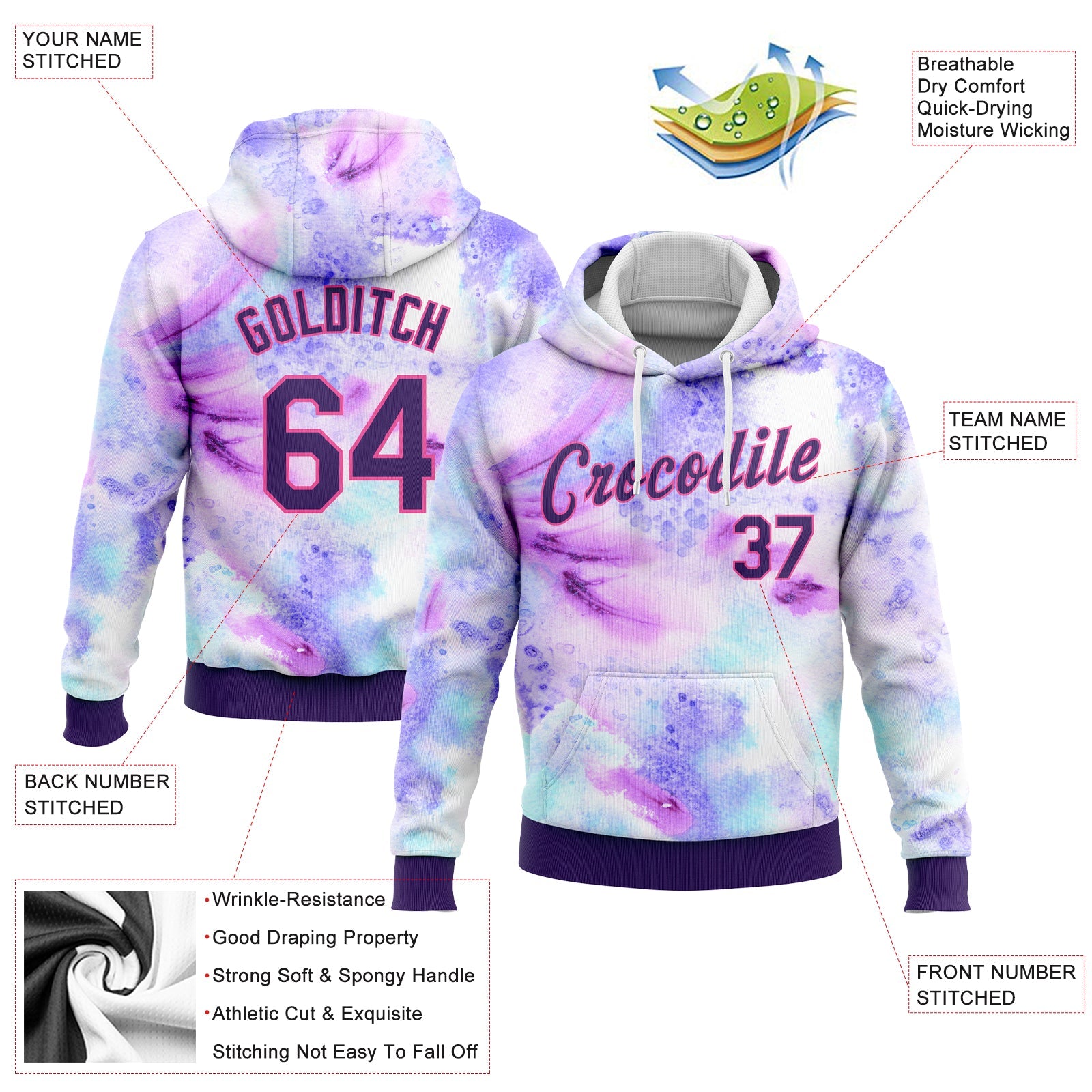 Custom Stitched Tie Dye Purple-Pink 3D Pattern Design Sports Pullover Sweatshirt Hoodie view 2