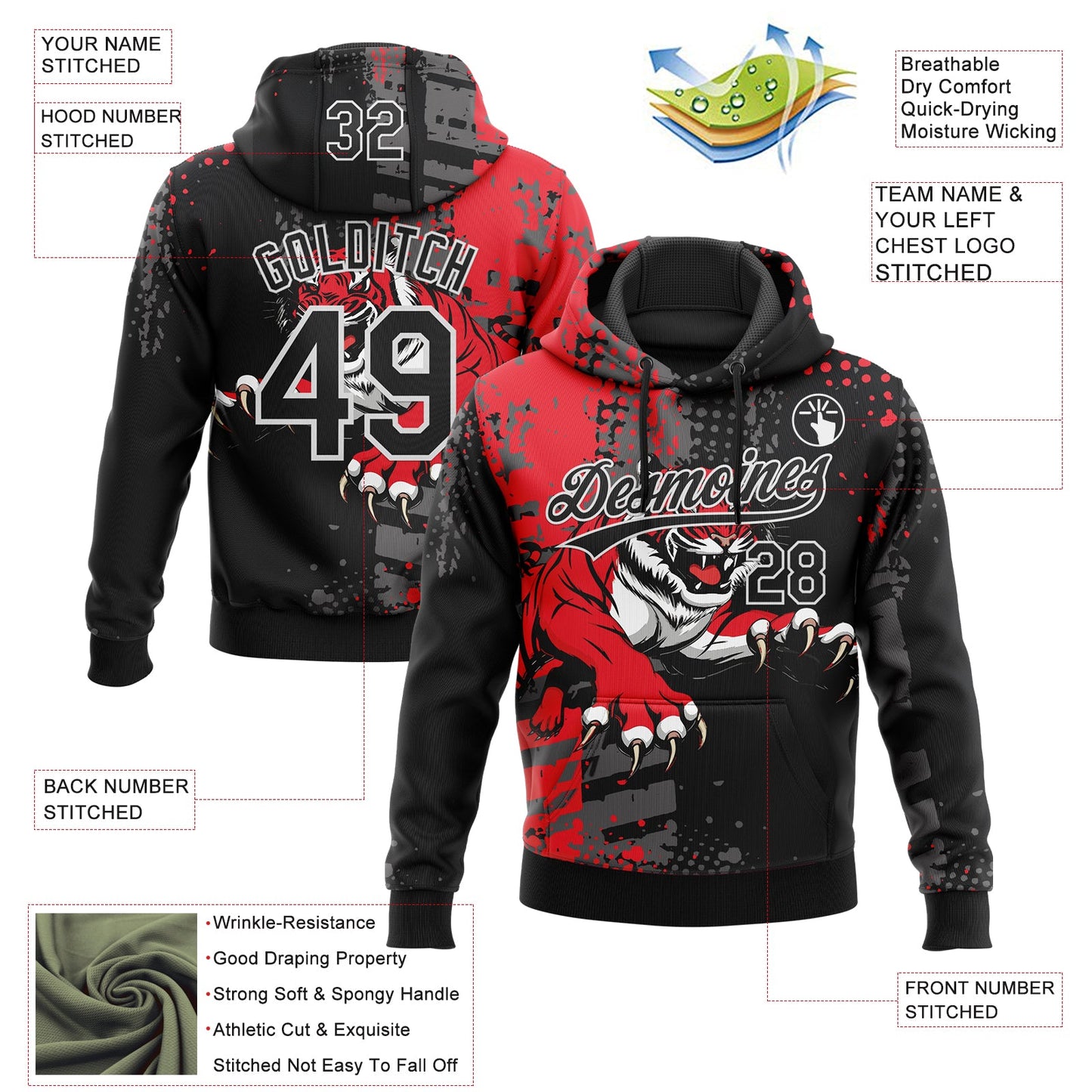 Custom Stitched Black Red Gray-White 3D Pattern Design Animal Tiger Sports Pullover Sweatshirt Hoodie view 2