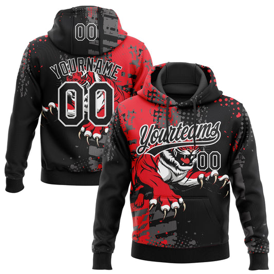Custom Stitched Black Red Gray-White 3D Pattern Design Animal Tiger Sports Pullover Sweatshirt Hoodie - Main View