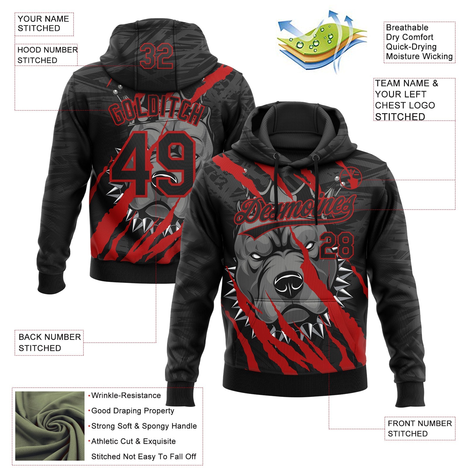 Custom Stitched Black Red Gray-White 3D Pattern Design Animal Pitbull Dog Sports Pullover Sweatshirt Hoodie view 2