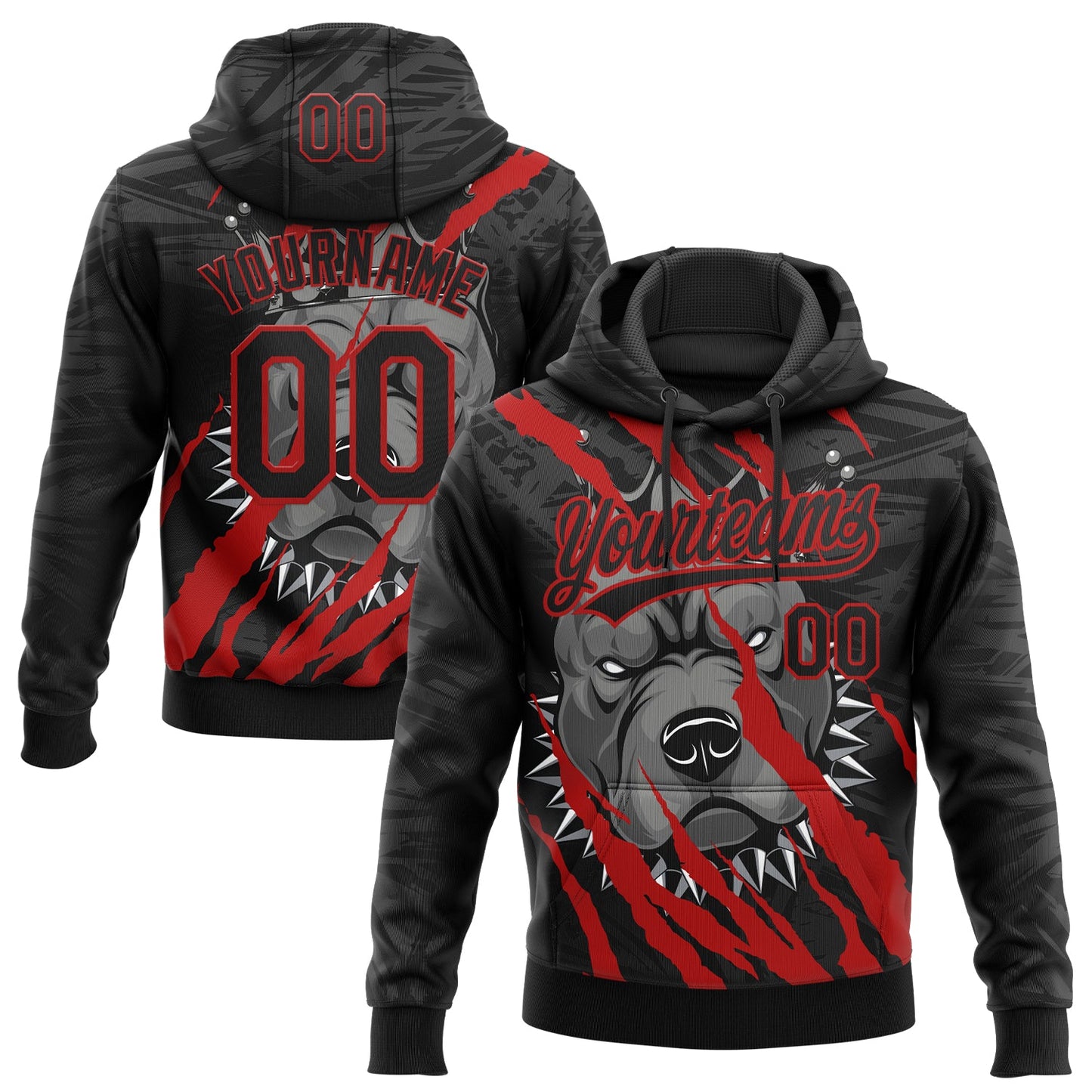 Custom Stitched Black Red Gray-White 3D Pattern Design Animal Pitbull Dog Sports Pullover Sweatshirt Hoodie - Main View