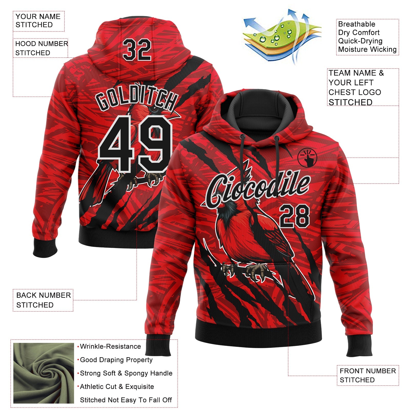 Custom Stitched Red Black Gray-White 3D Pattern Design Animal Cardinal Bird Sports Pullover Sweatshirt Hoodie view 2