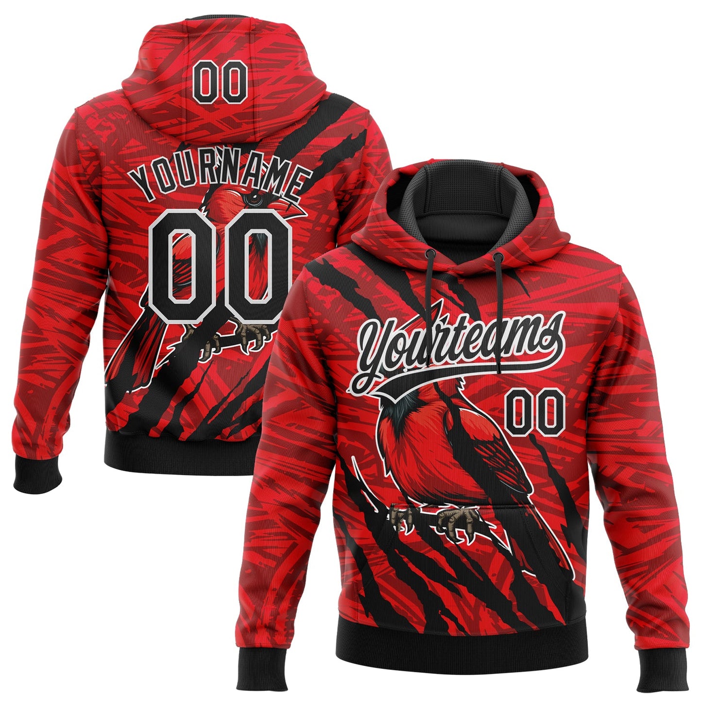 Custom Stitched Red Black Gray-White 3D Pattern Design Animal Cardinal Bird Sports Pullover Sweatshirt Hoodie - Main View