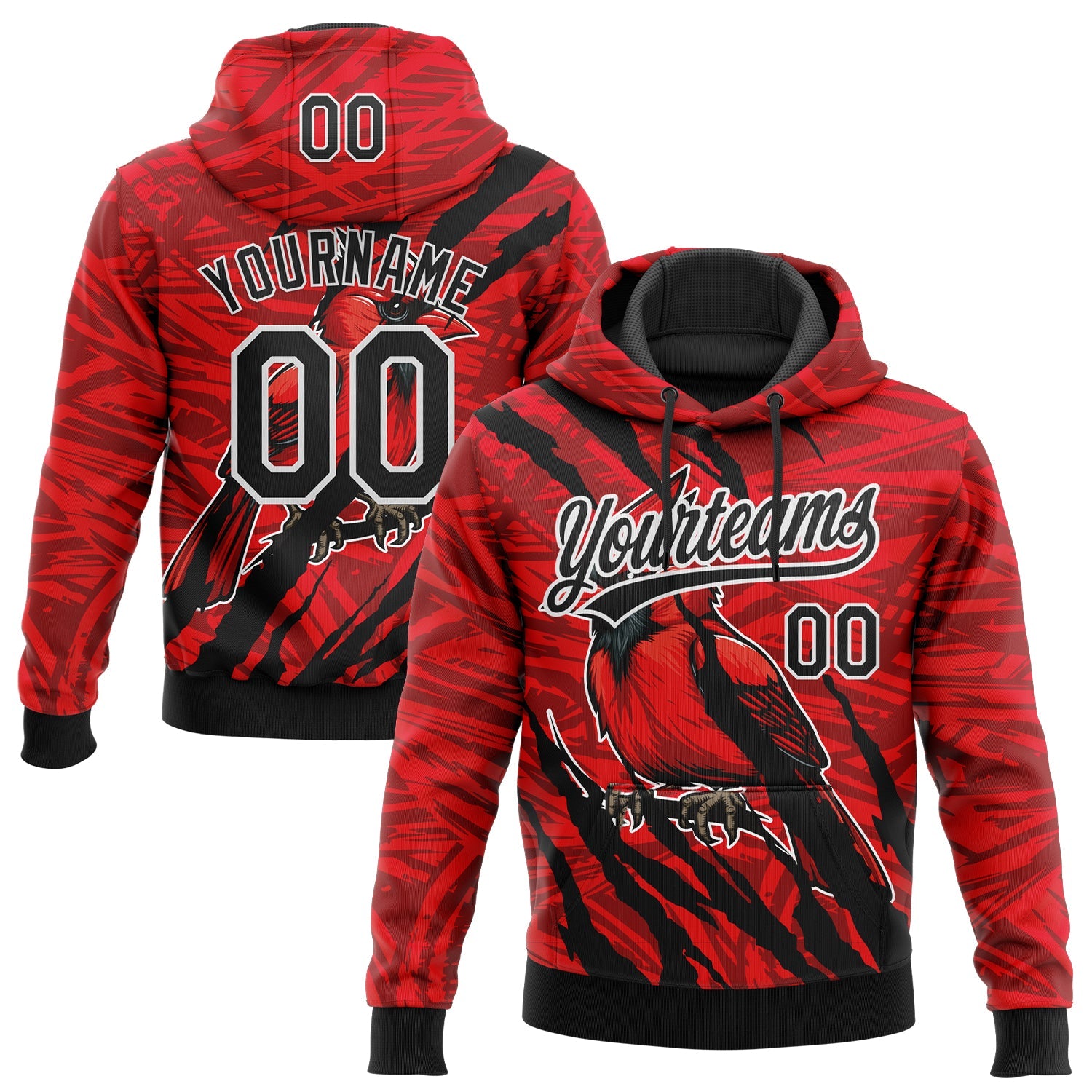 Custom Stitched Red Black Gray-White 3D Pattern Design Animal Cardinal Bird Sports Pullover Sweatshirt Hoodie - Main View
