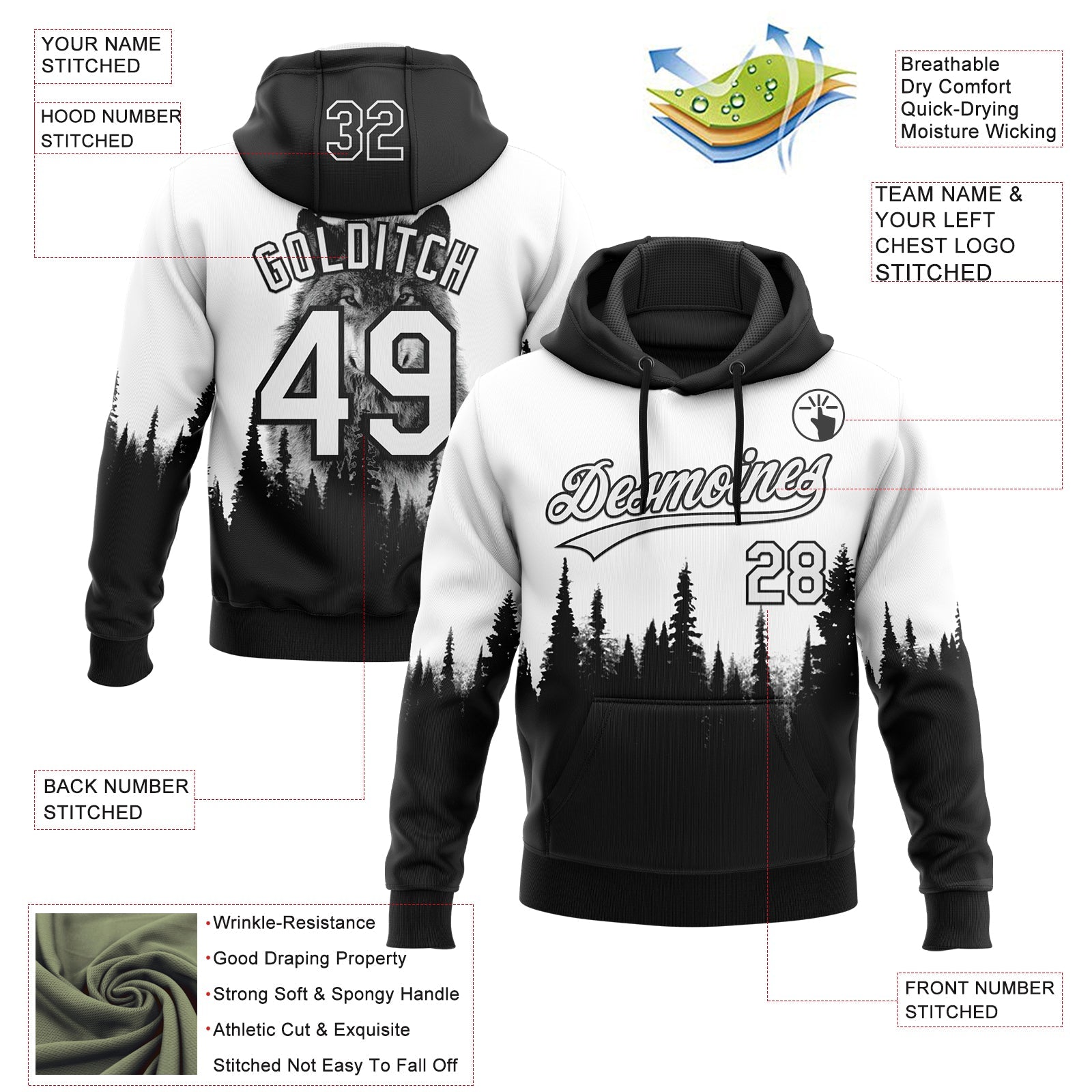Custom Stitched White Black 3D Pattern Design Animal Wolf Sports Pullover Sweatshirt Hoodie view 2
