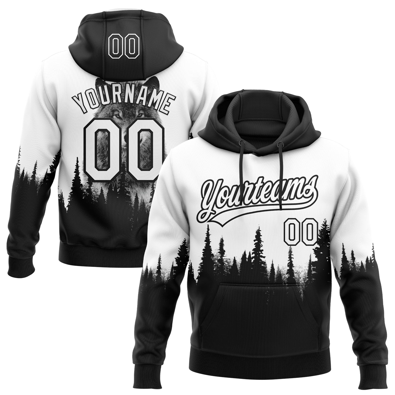 Custom Stitched White Black 3D Pattern Design Animal Wolf Sports Pullover Sweatshirt Hoodie - Main View