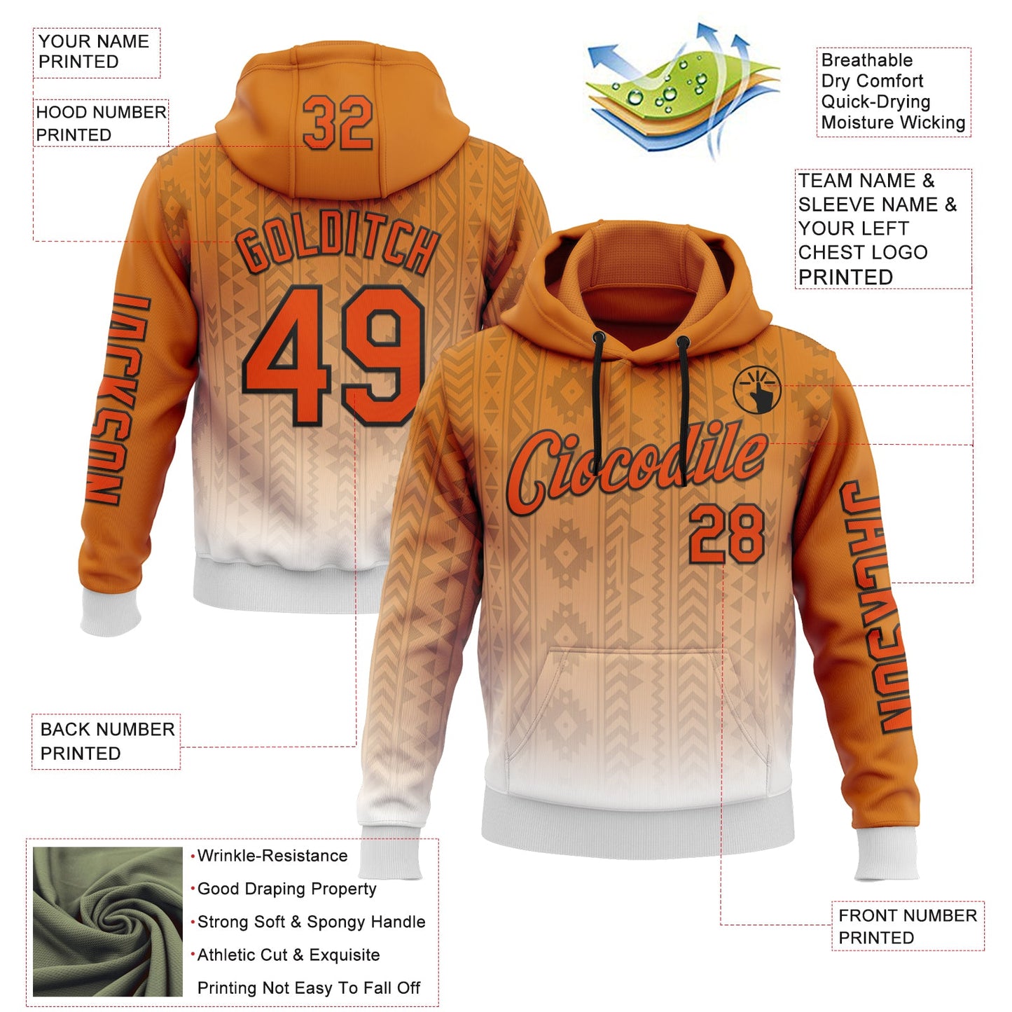 Custom Orange White-Black 3D Pattern Design Ethnic Tribal Sportswear Pullover Sweatshirt Hoodie view 2