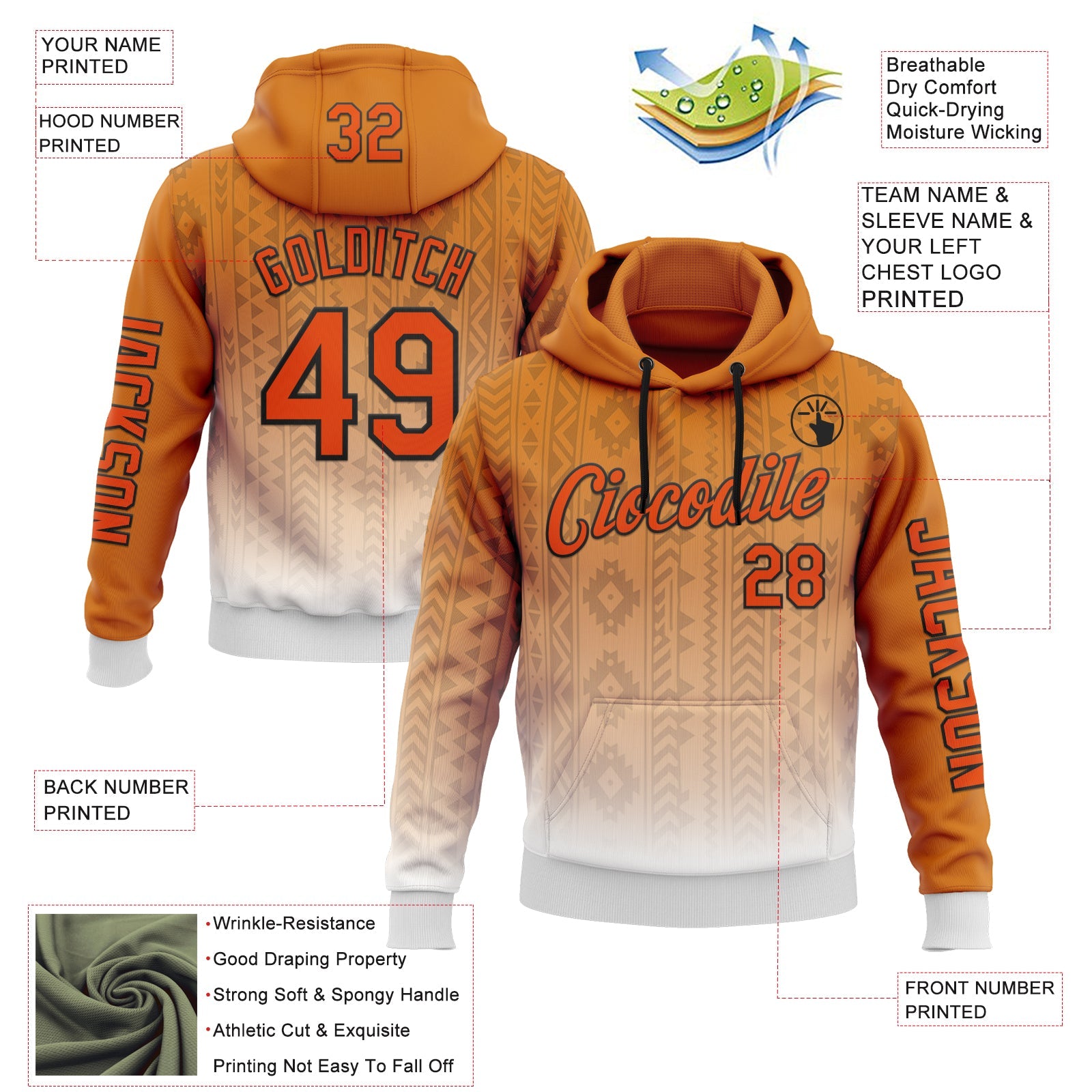 Custom Orange White-Black 3D Pattern Design Ethnic Tribal Sportswear Pullover Sweatshirt Hoodie view 2