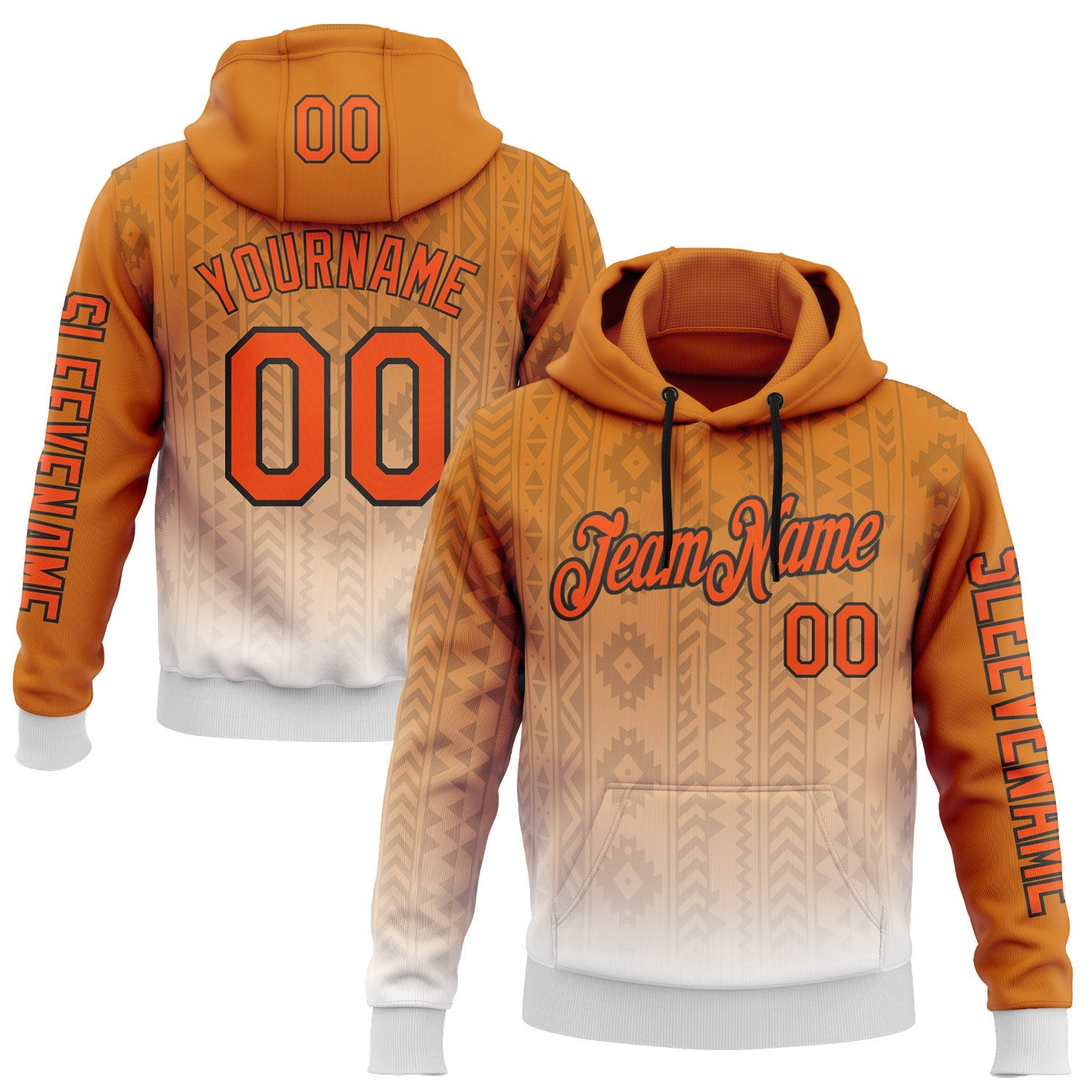 Custom Orange White-Black 3D Pattern Design Ethnic Tribal Sportswear Pullover Sweatshirt Hoodie - Main View