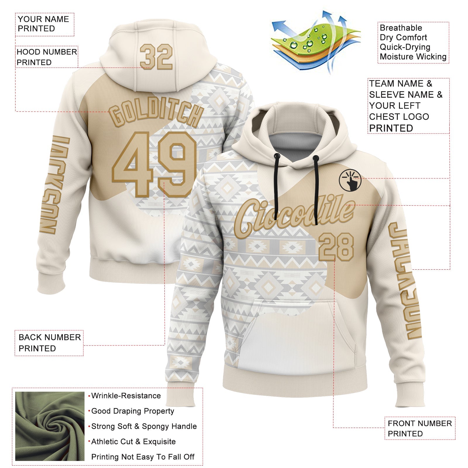 Custom Cream City Cream White-Old Gold 3D Pattern Design Ethnic Tribal Sportswear Pullover Sweatshirt Hoodie view 2