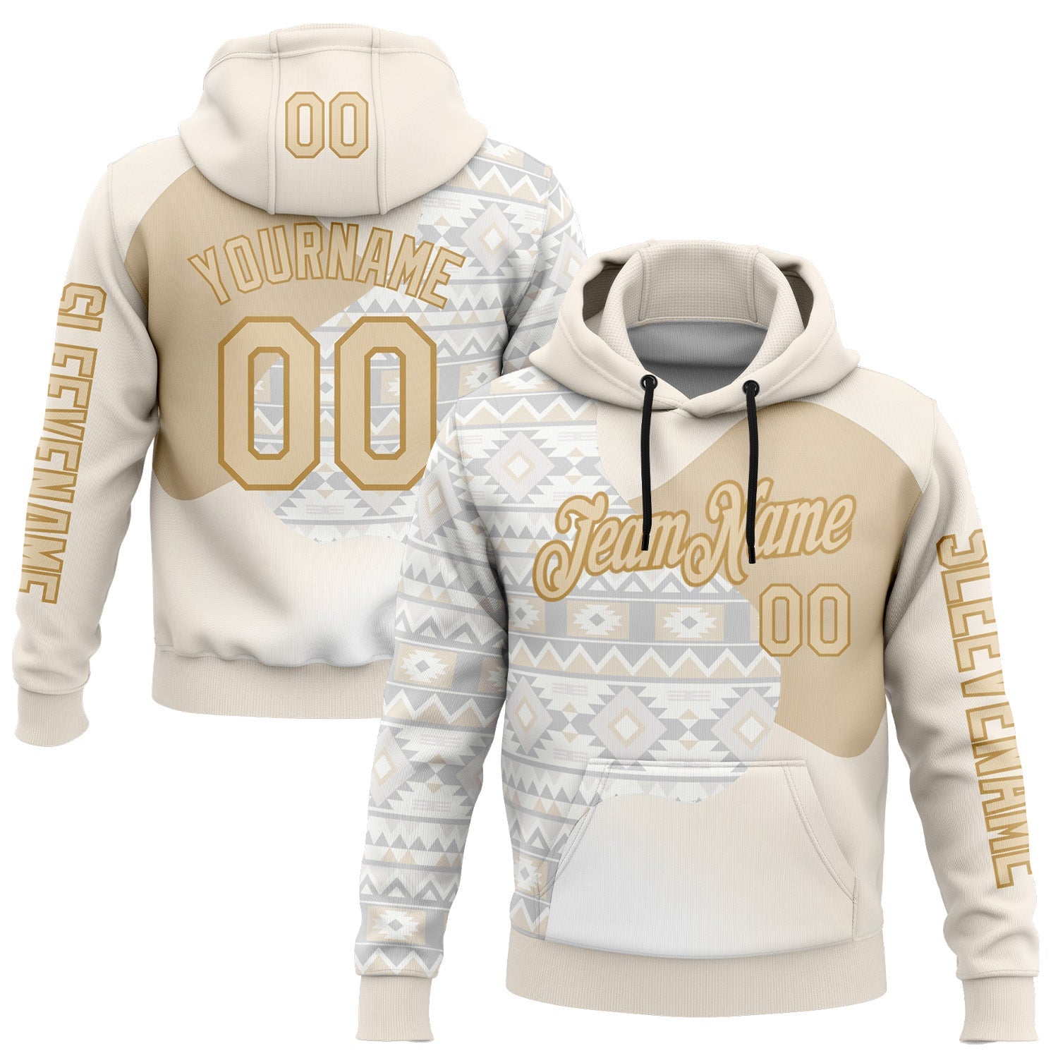 Custom Cream City Cream White-Old Gold 3D Pattern Design Ethnic Tribal Sportswear Pullover Sweatshirt Hoodie - Main View