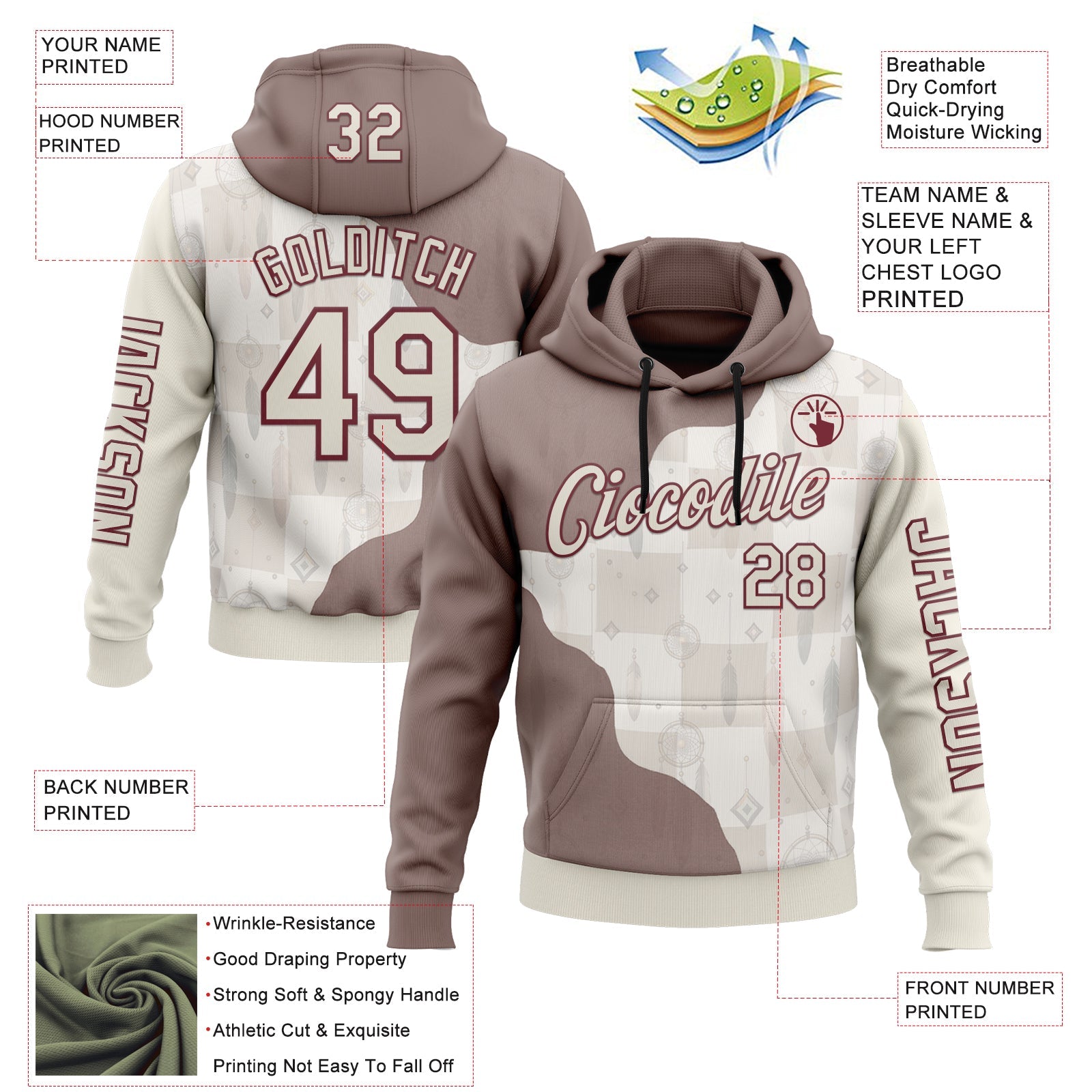 Custom Cream Burgundy 3D Pattern Design Ethnic Tribal Sportswear Pullover Sweatshirt Hoodie view 2