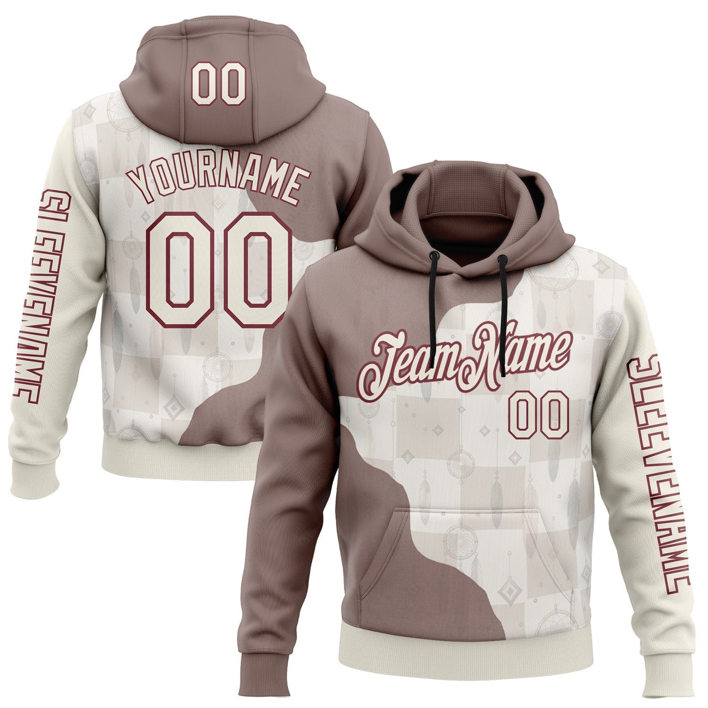 Custom Cream Burgundy 3D Pattern Design Ethnic Tribal Sportswear Pullover Sweatshirt Hoodie - Main View