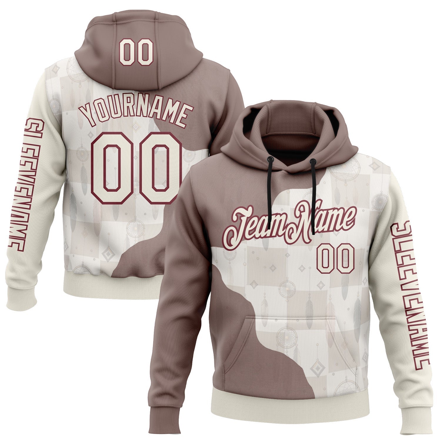Custom Cream Burgundy 3D Pattern Design Ethnic Tribal Sportswear Pullover Sweatshirt Hoodie - Main View