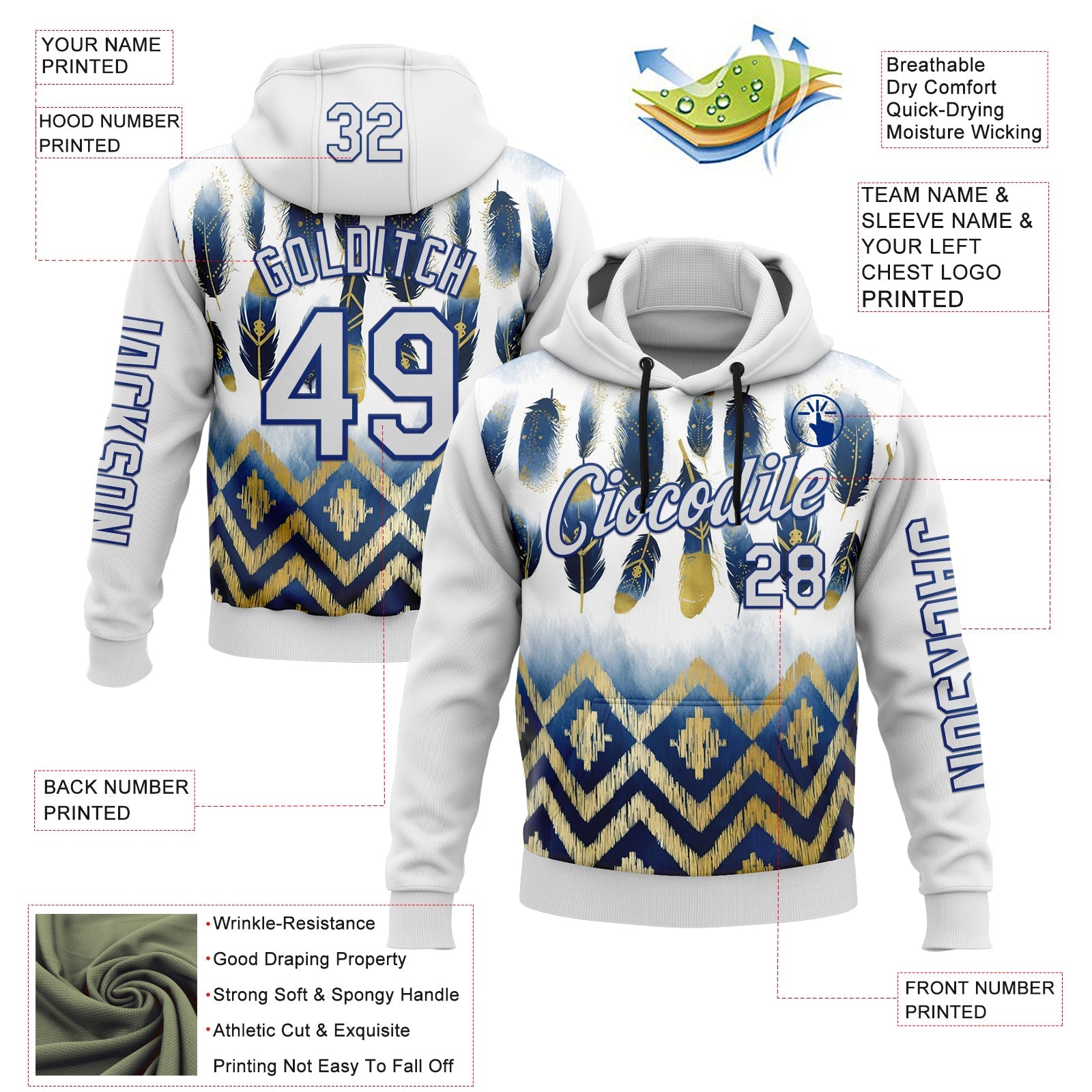 Custom White Royal 3D Pattern Design Native American Tribal Sportswear Pullover Sweatshirt Hoodie view 2