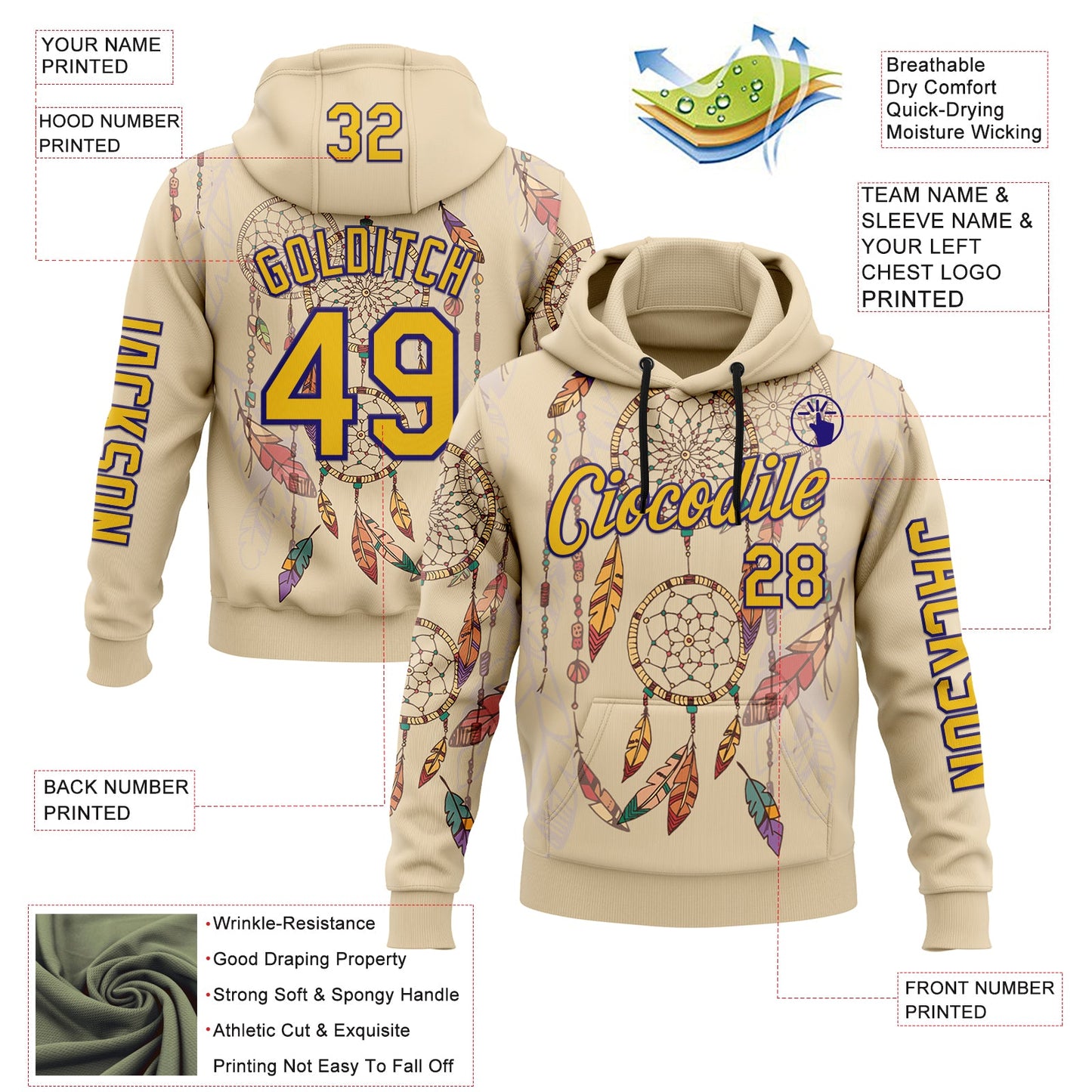 Custom City Cream Yellow-Dark Purple 3D Pattern Design Dreamcatcher Tribal Sportswear Pullover Sweatshirt Hoodie view 2