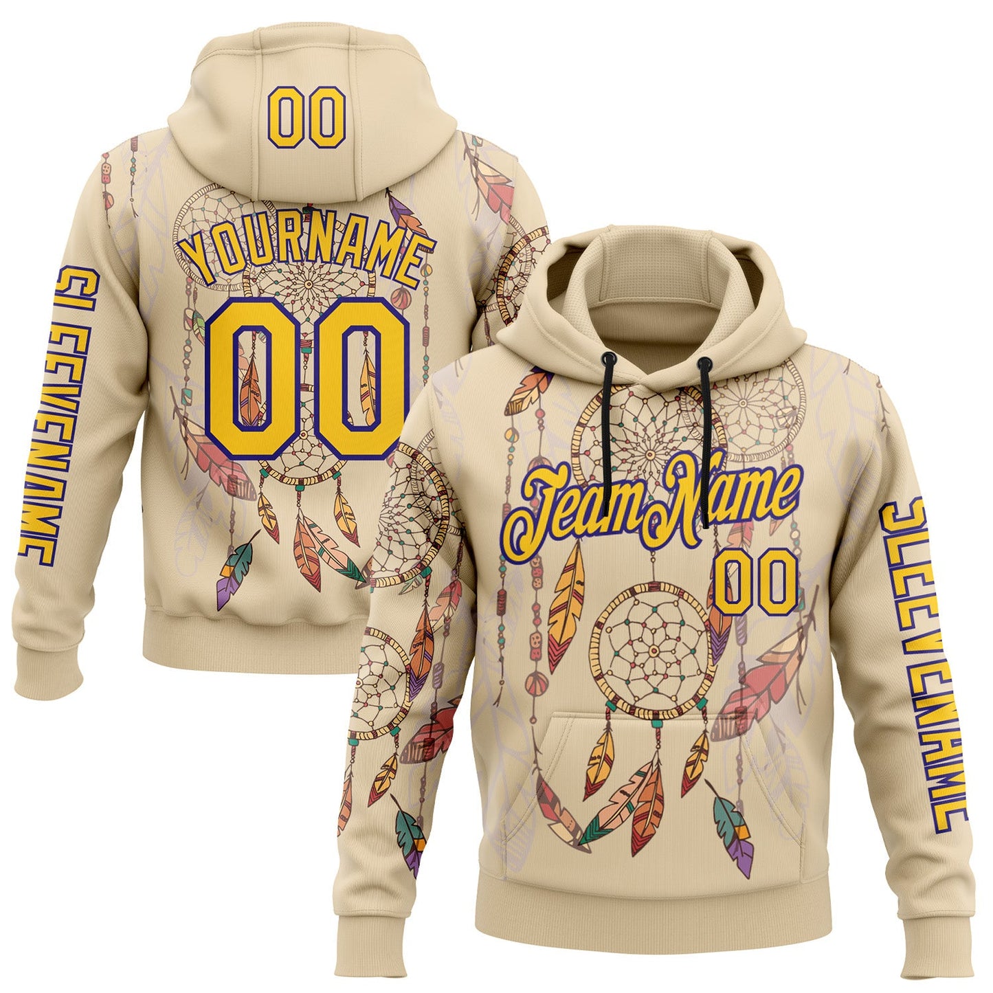 Custom City Cream Yellow-Dark Purple 3D Pattern Design Dreamcatcher Tribal Sportswear Pullover Sweatshirt Hoodie - Main View
