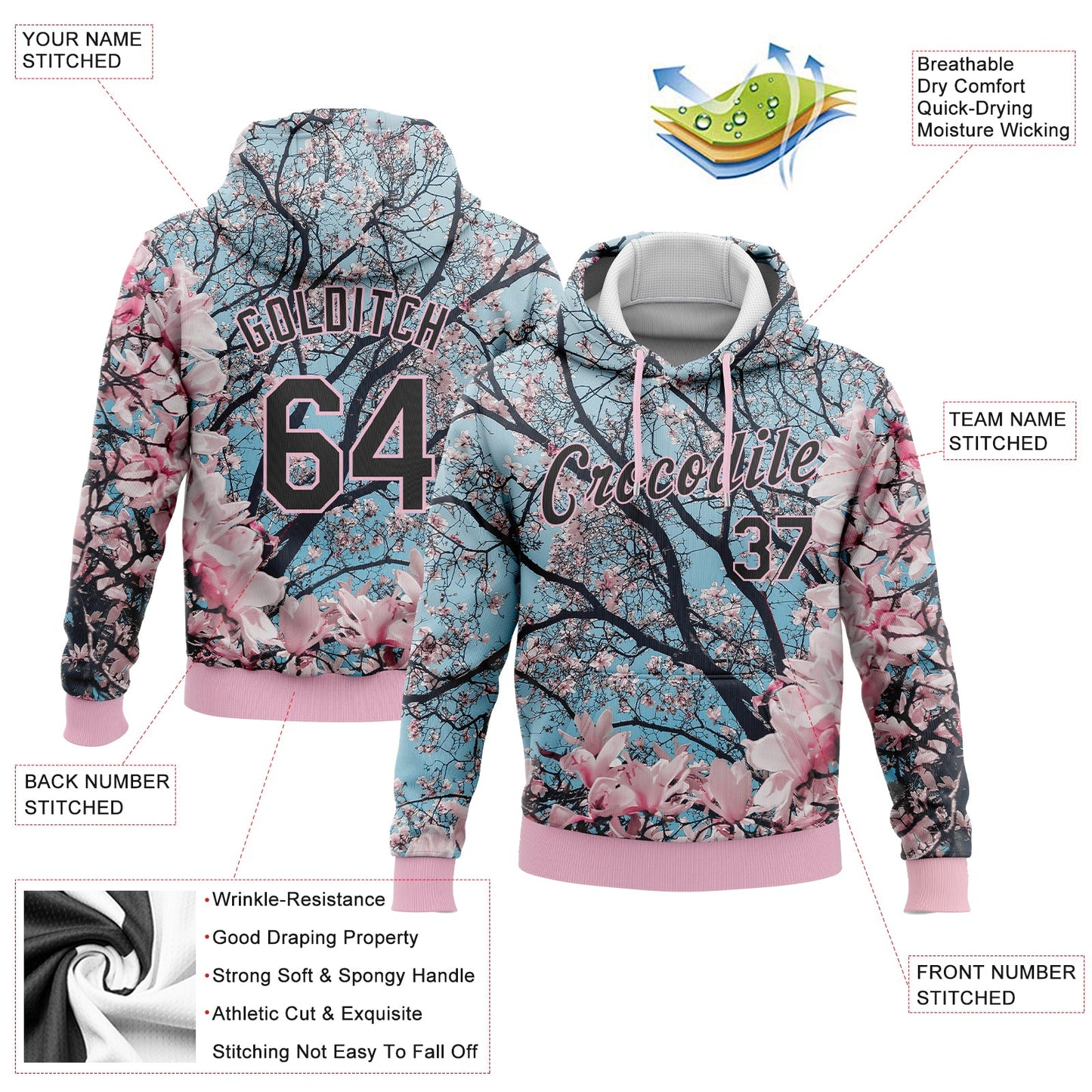 Custom Stitched Light Pink Black 3D Pattern Design Cherry Blossom Sports Pullover Sweatshirt Hoodie view 2