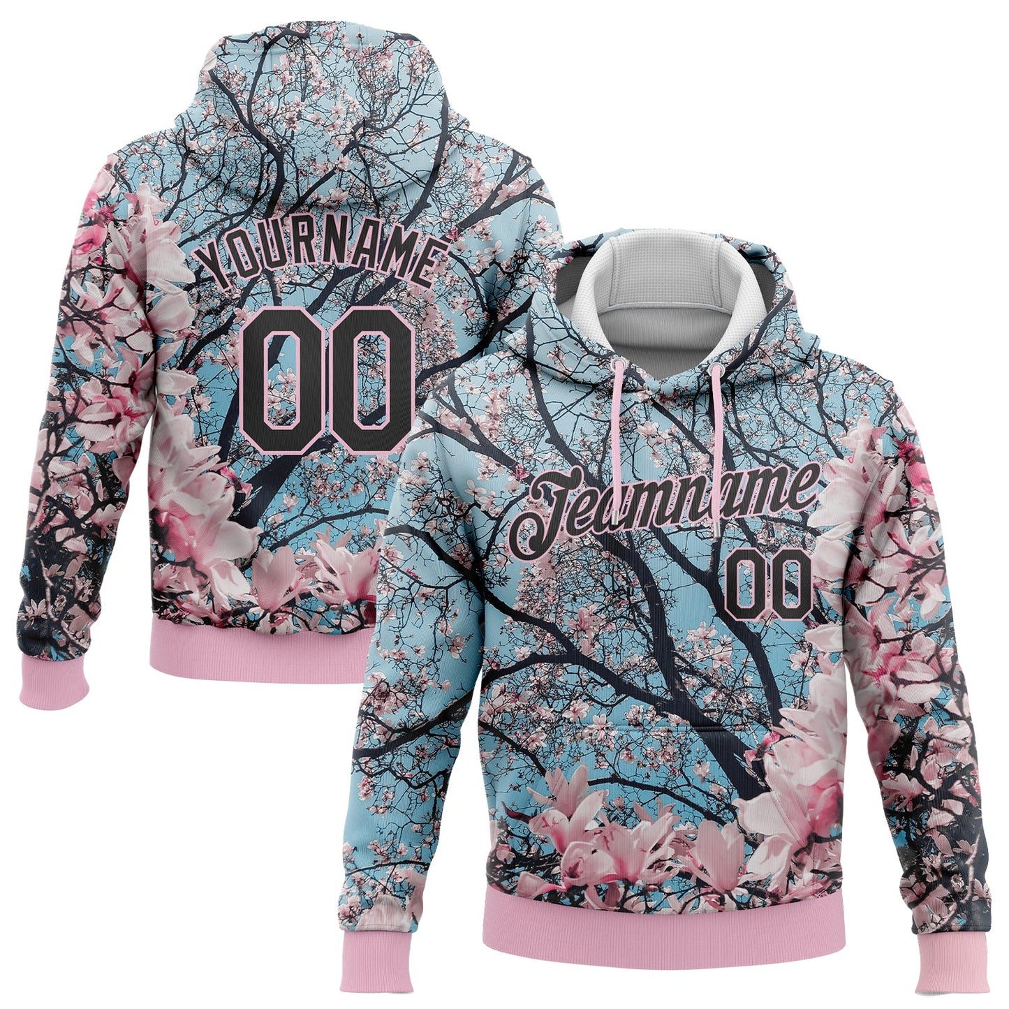 Custom Stitched Light Pink Black 3D Pattern Design Cherry Blossom Sports Pullover Sweatshirt Hoodie - Main View