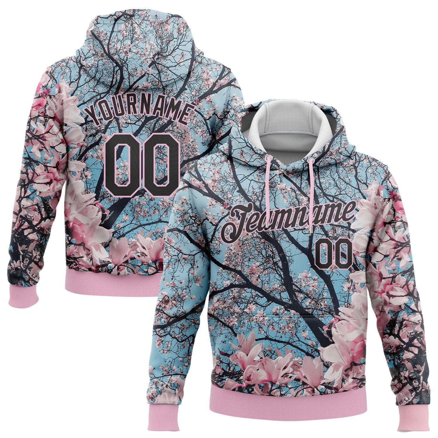 Custom Stitched Light Pink Black 3D Pattern Design Cherry Blossom Sports Pullover Sweatshirt Hoodie - Main View