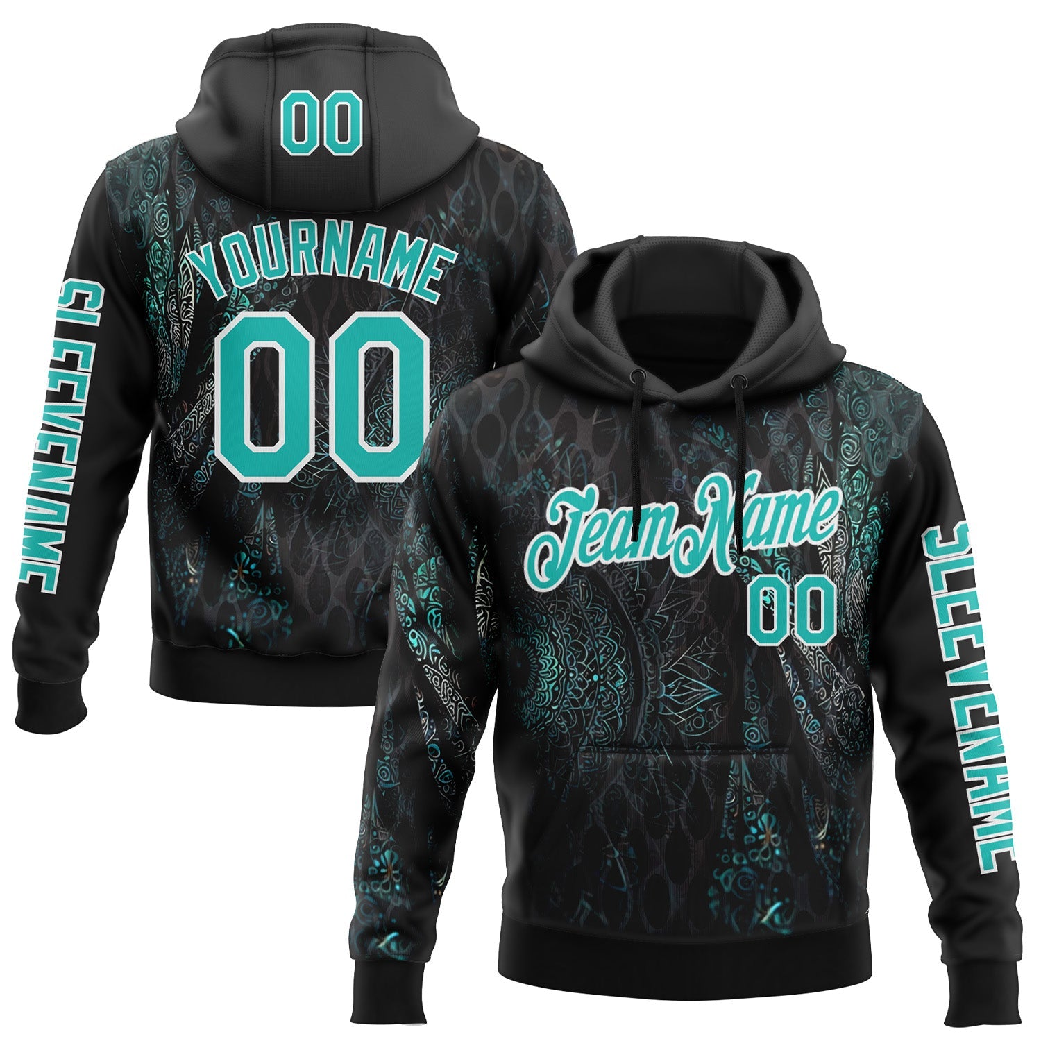 Custom Black Aqua-White 3D Pattern Design Ethnic Tribal Sportswear Pullover Sweatshirt Hoodie - Main View