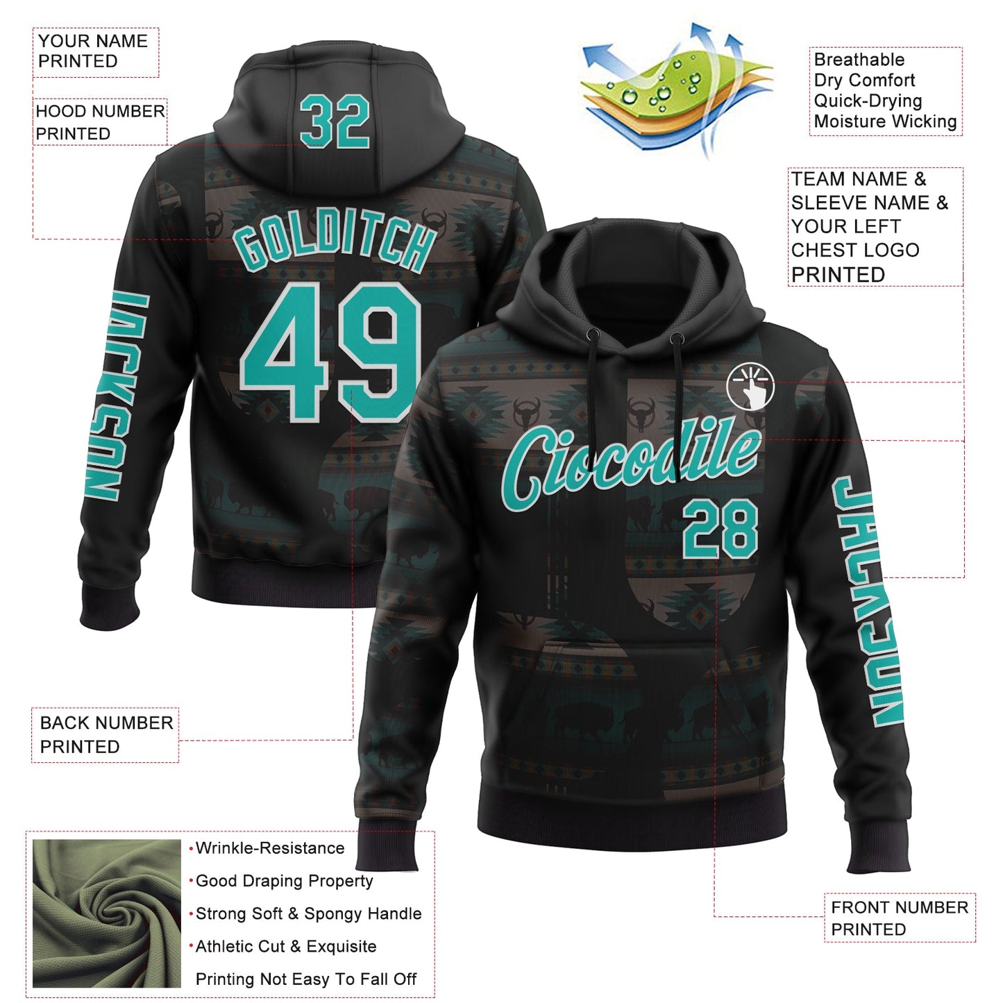 Custom Black Aqua-White 3D Pattern Design Ethnic Tribal Sportswear Pullover Sweatshirt Hoodie view 2