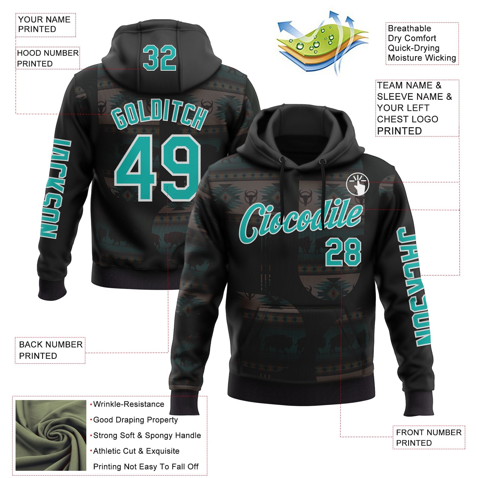 Custom Black Aqua-White 3D Pattern Design Ethnic Tribal Sportswear Pullover Sweatshirt Hoodie view 2