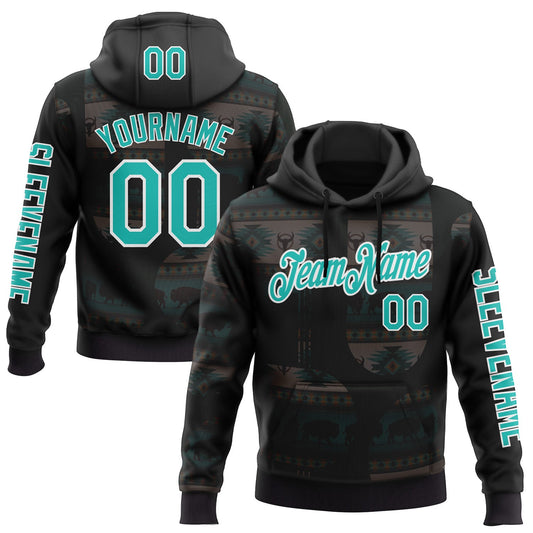 Custom Black Aqua-White 3D Pattern Design Ethnic Tribal Sportswear Pullover Sweatshirt Hoodie - Main View
