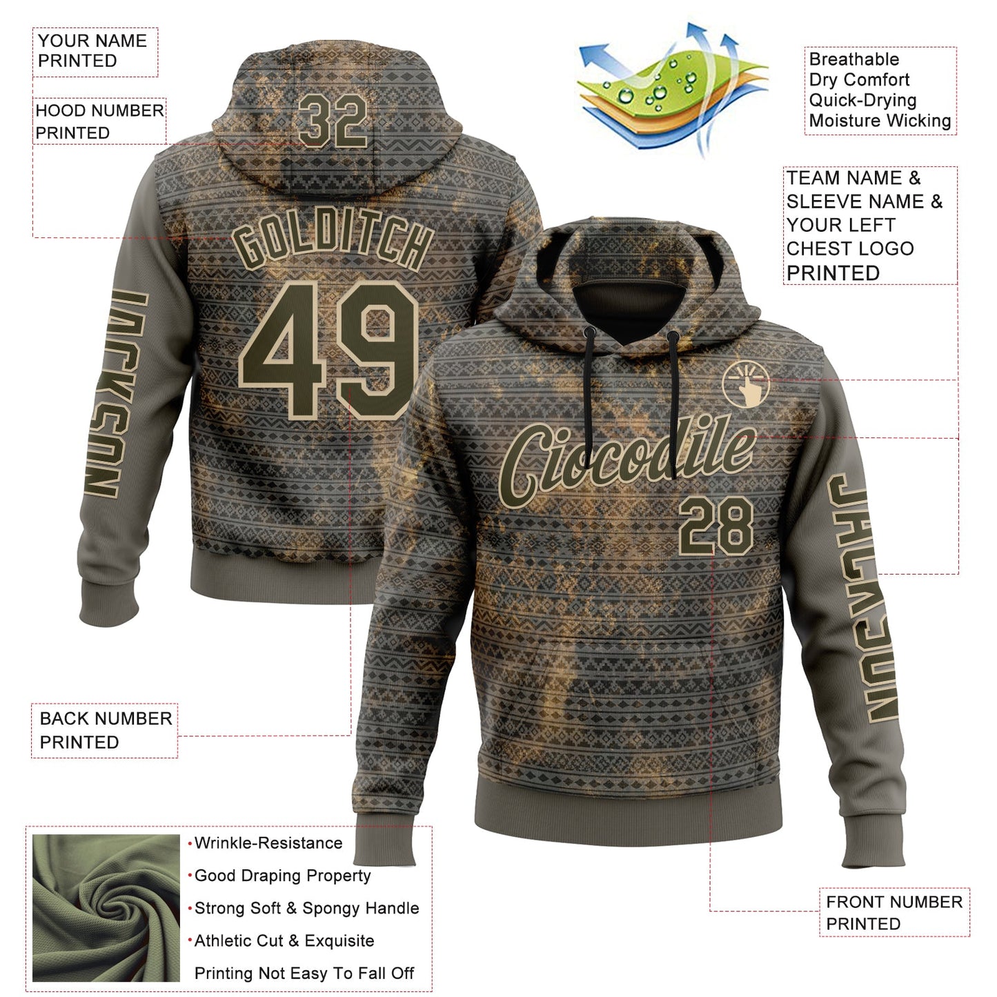 Custom Gray Olive-City Cream 3D Pattern Design Ethnic Tribal Sportswear Pullover Sweatshirt Hoodie view 2