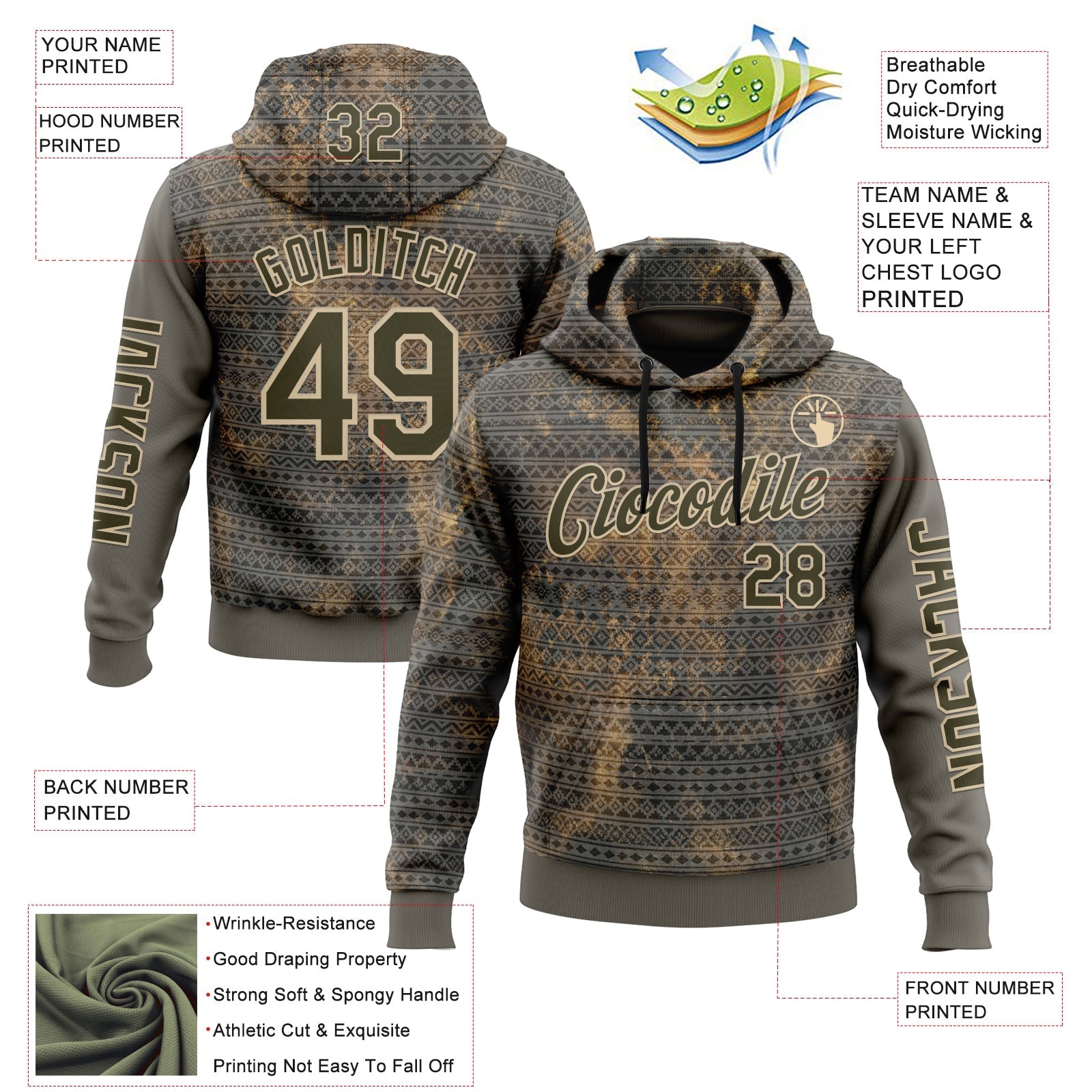 Custom Gray Olive-City Cream 3D Pattern Design Ethnic Tribal Sportswear Pullover Sweatshirt Hoodie view 2