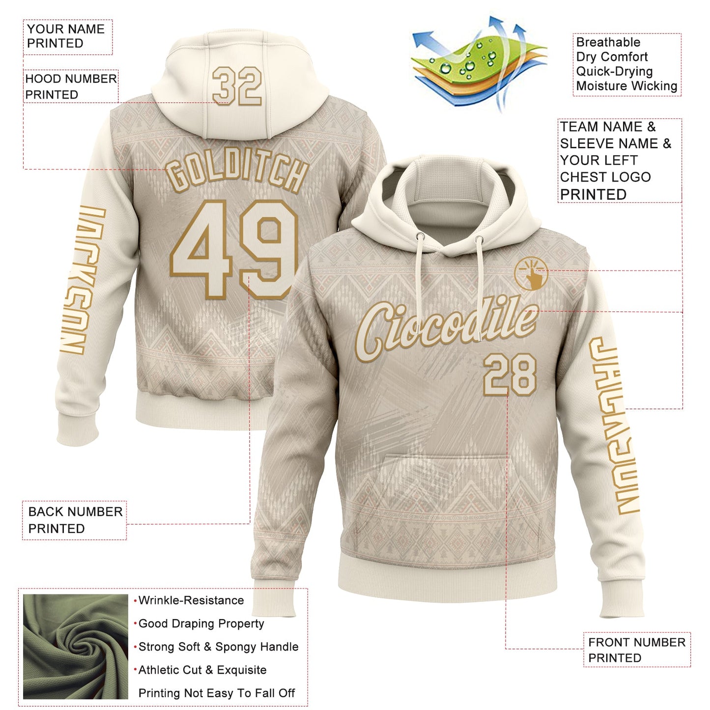 Custom Cream Old Gold 3D Pattern Design Ethnic Tribal Sportswear Pullover Sweatshirt Hoodie view 2