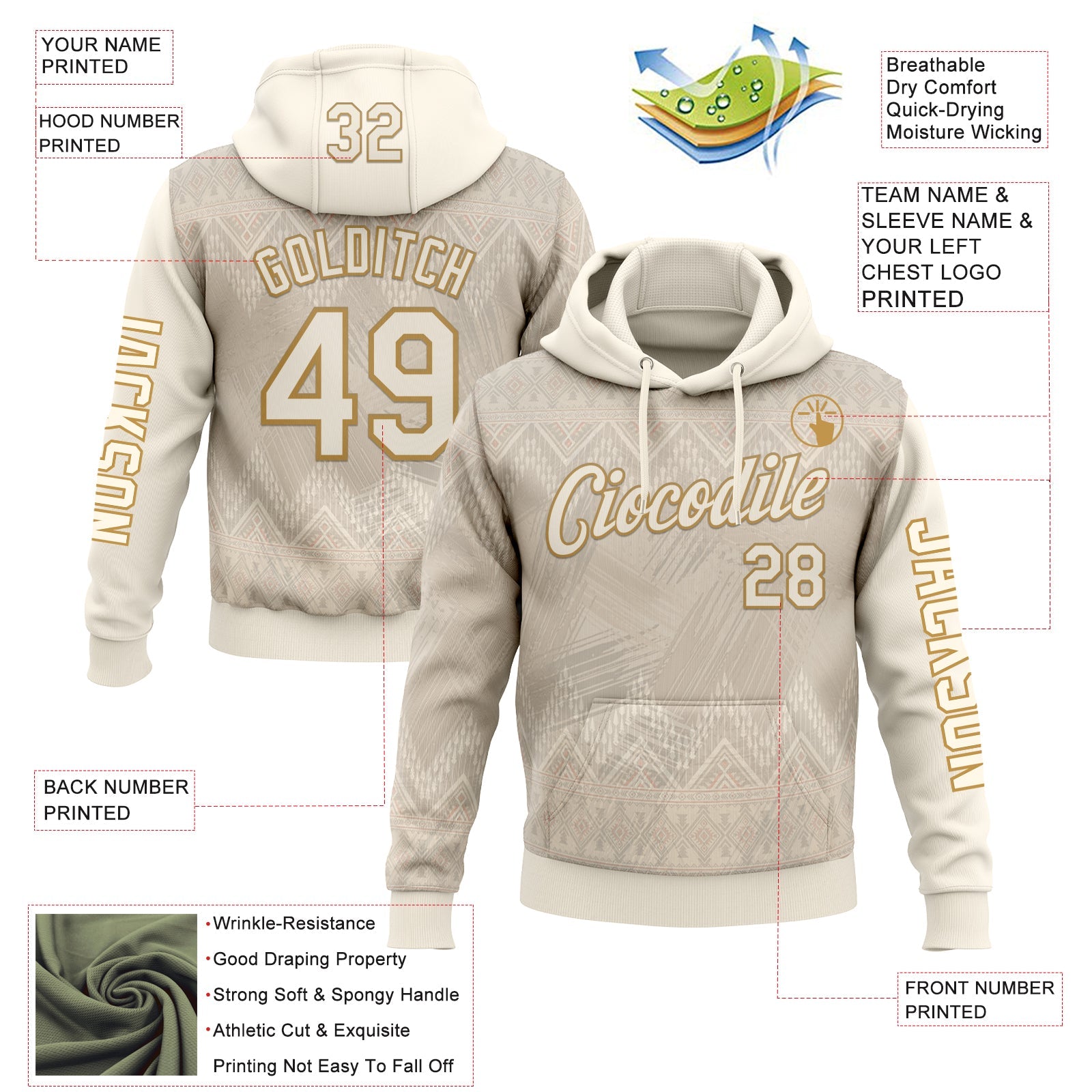 Custom Cream Old Gold 3D Pattern Design Ethnic Tribal Sportswear Pullover Sweatshirt Hoodie view 2