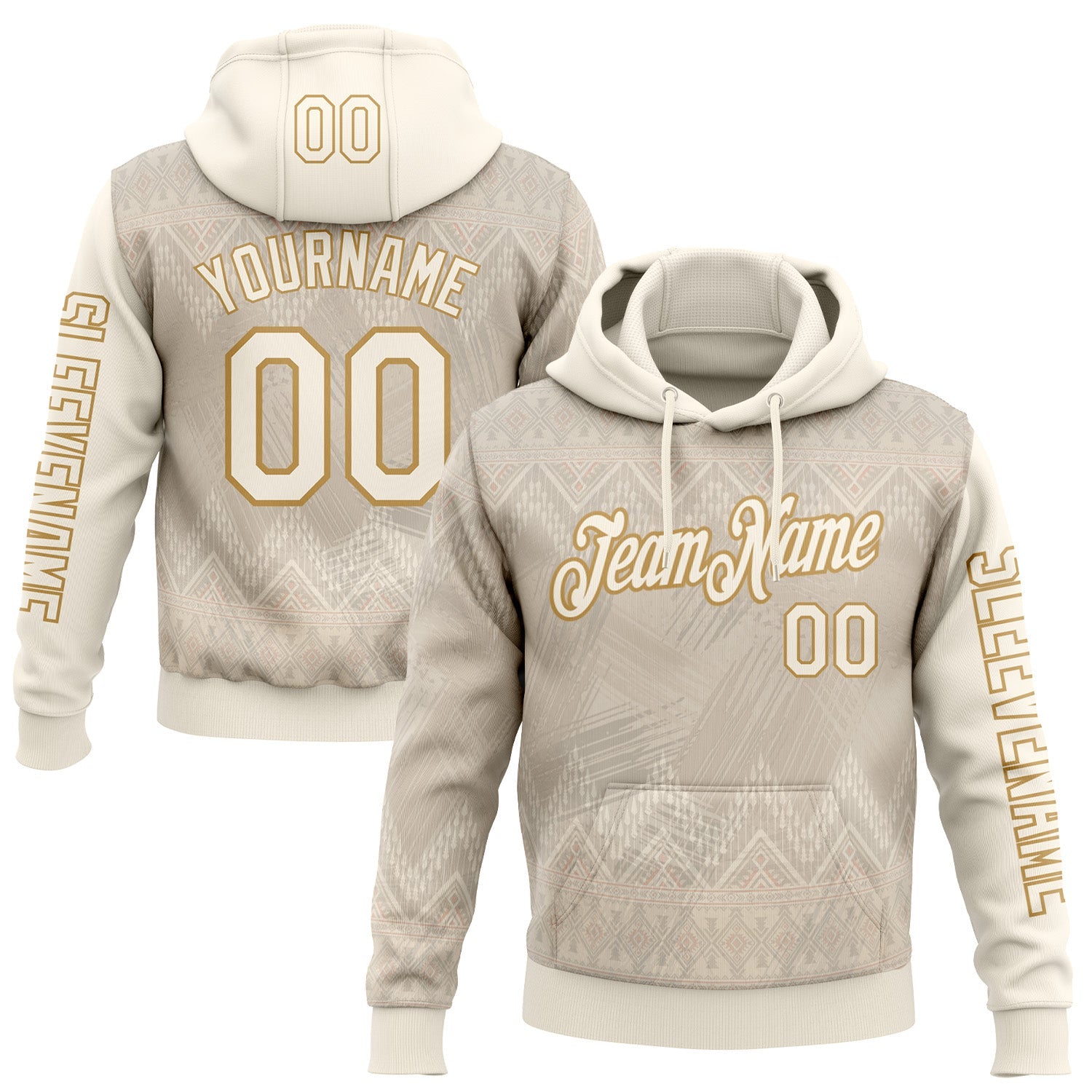 Custom Cream Old Gold 3D Pattern Design Ethnic Tribal Sportswear Pullover Sweatshirt Hoodie - Main View