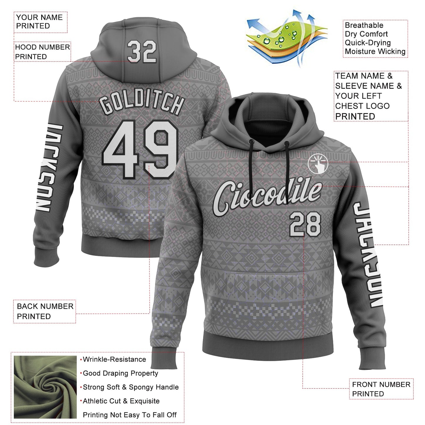 Custom Gray White-Black 3D Pattern Design Ethnic Tribal Sportswear Pullover Sweatshirt Hoodie view 2