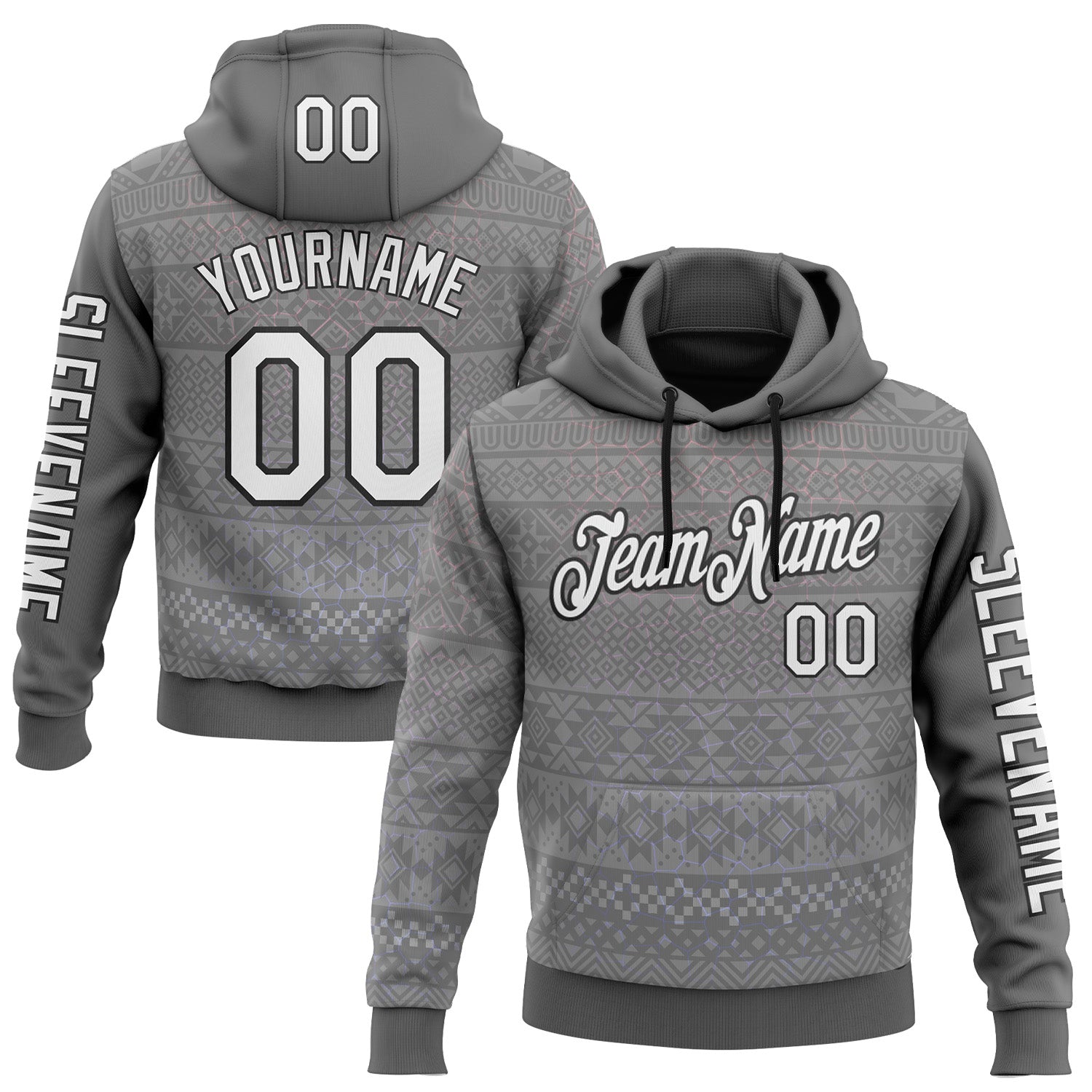 Custom Gray White-Black 3D Pattern Design Ethnic Tribal Sportswear Pullover Sweatshirt Hoodie - Main View