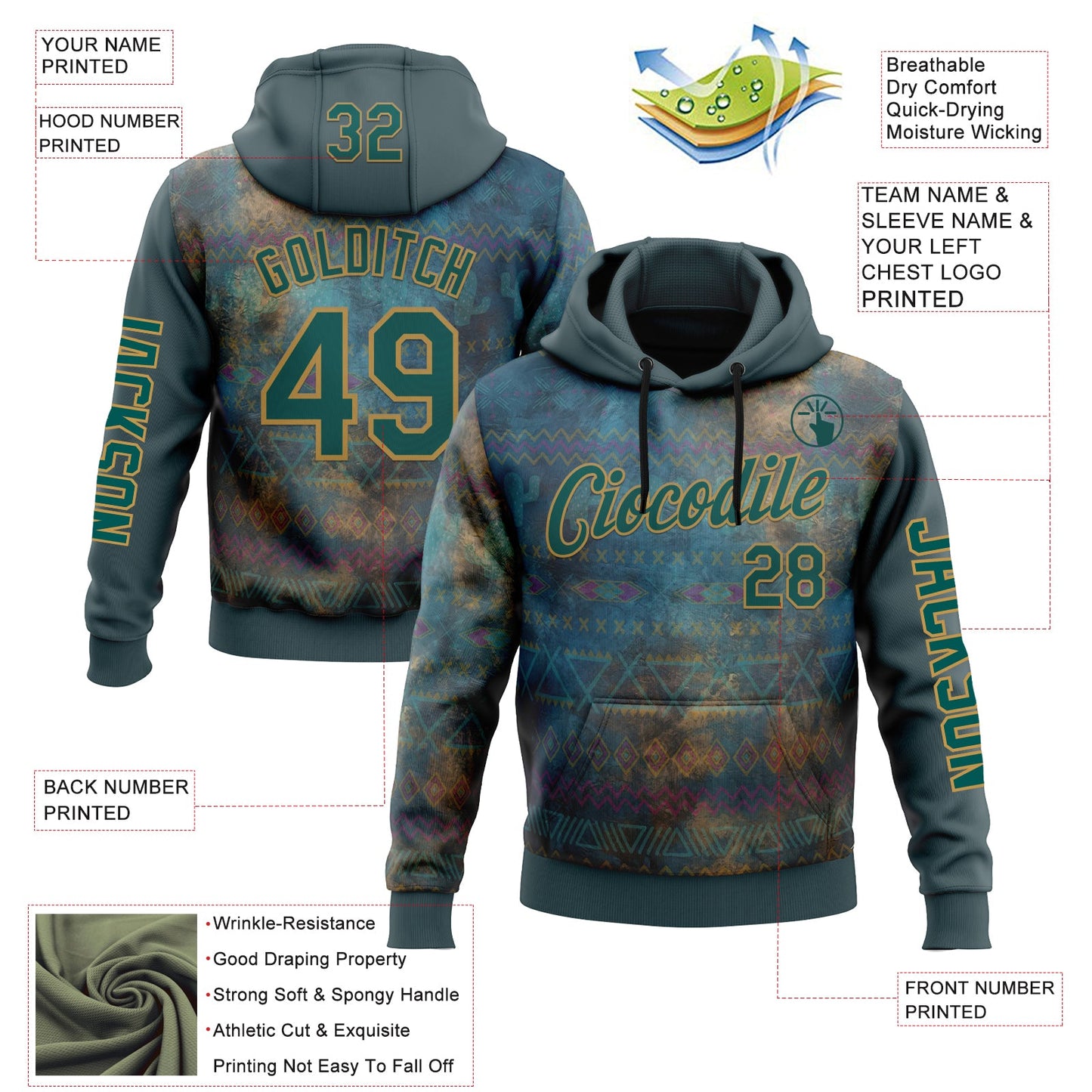 Custom Green Midnight Green-Old Gold 3D Pattern Design Ethnic Tribal Sportswear Pullover Sweatshirt Hoodie view 2